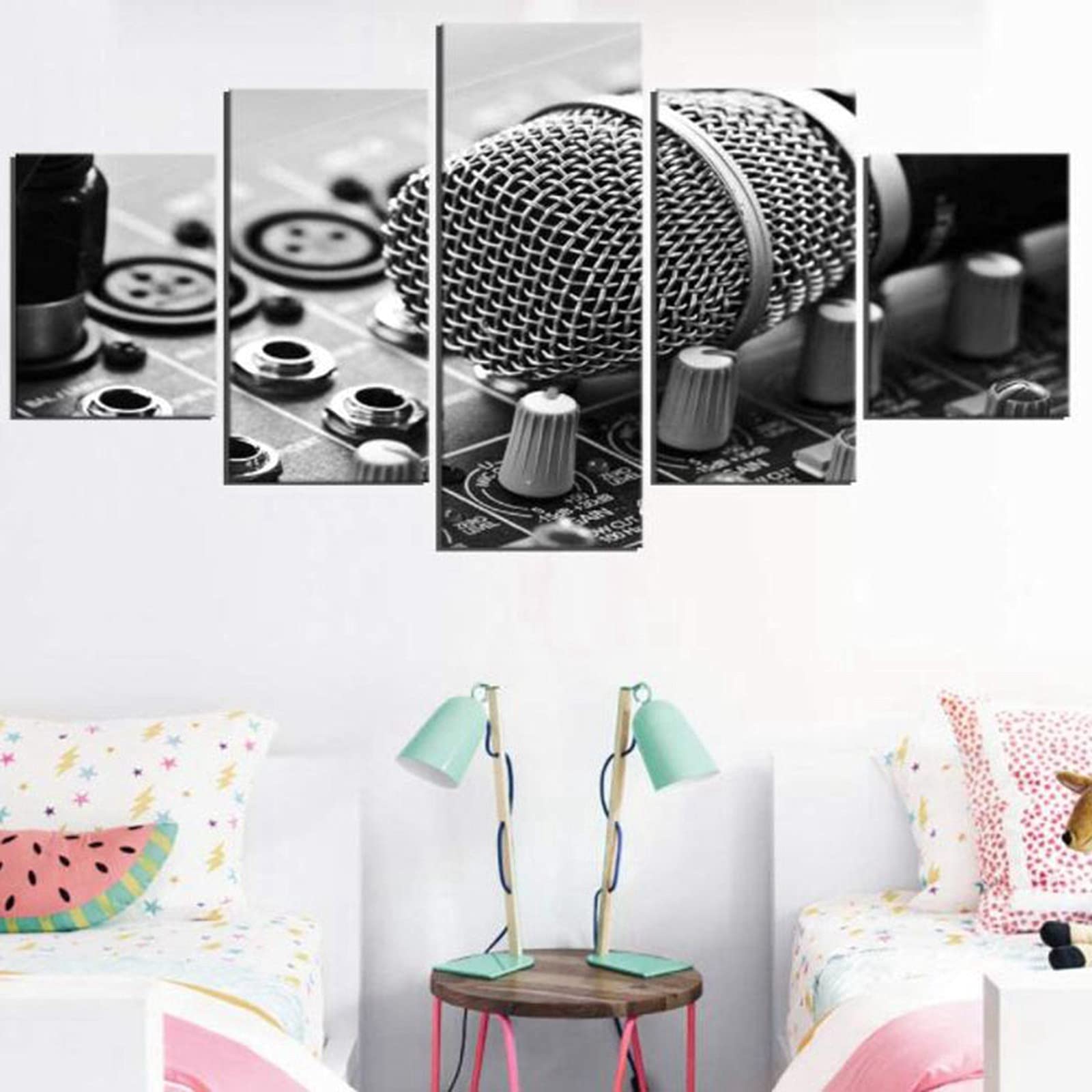 Quadro su Tela,Immagini Musicali per Soggiorno Arredamento Camera da Letto Microfono DJ Rock Band Stampa 5 Pannelli Poster HD Pittura con Cornice Pronta da Appendere Framed,S
