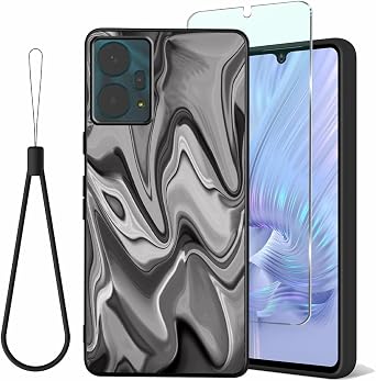 Drop Protective TPU Case for Nuu X10 2026 with HD Tempered Glass Screen Protector [Black Strap] NuuX10 5G Cover Anti-Fingerprint Thin Sturdy, Art Printed Grey Wavy Painted Silicorn for Men