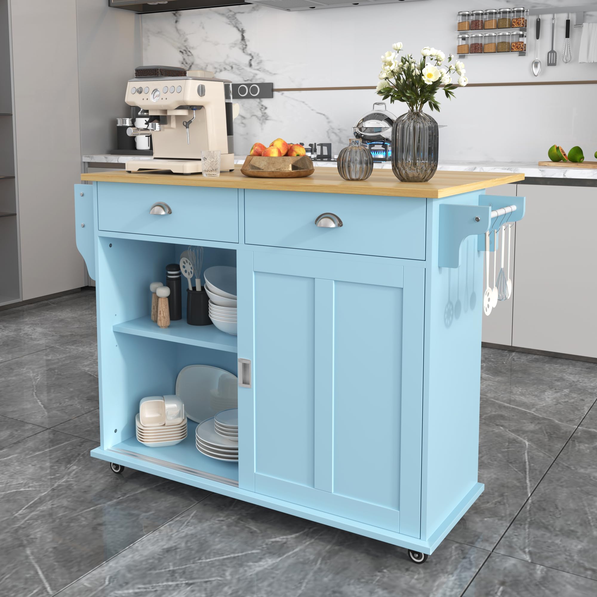 Azkoeesy Carrito de cocina isla de cocina con encimera extensible efecto madera maciza, 112 x 94 x 40-70 cm, carrito comedor con 2 puertas correderas y cajones, con 5 ruedas (azul)