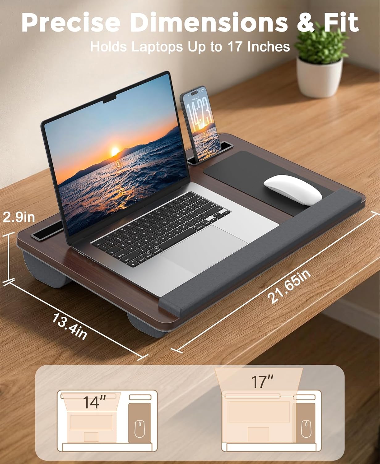 HETTHI Lap Desk with Cushion, Large Laptop Desk for Adults, Up to 17" Laptop Tray for Bed with Wrist Rest, 2 Self-Adhesive Mouse Pads, Portable Handle, Tablet Phone Slot (Dark Brown)