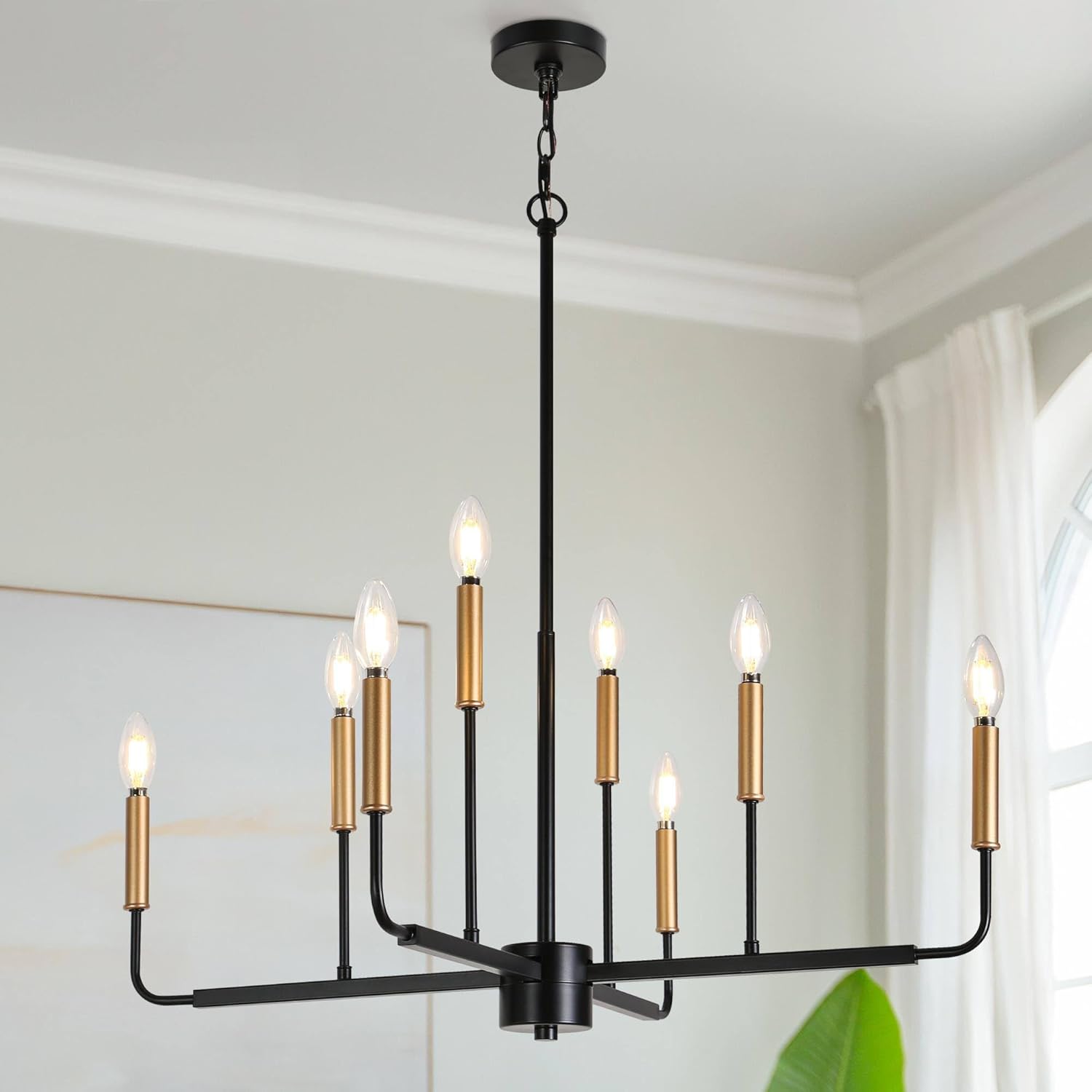 KSANA Black and Gold Chandelier, 31” Large 8-Light Linear Candle Style Chandelier Light Fixture for Dining Room, Kitchen Island, Living Room, Foyer