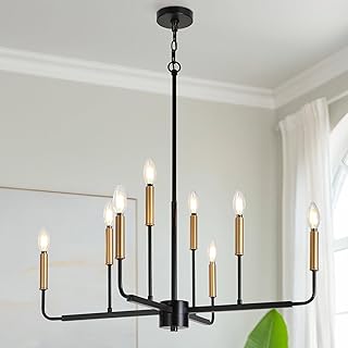 KSANA Black and Gold Chandelier, 31” Large 8-Light Linear Candle Style Chandelier Light Fixture for Dining Room, Kitchen Island, Living Room, Foyer