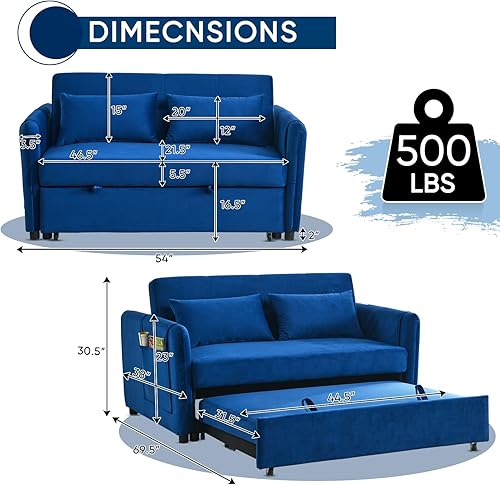 Miniatura 2 de Sofá cama convertible 3 en 1, moderno sofá biplaza de terciopelo con bolsillos laterales de almacenamiento y almohadas, sofá biplaza pequeño para