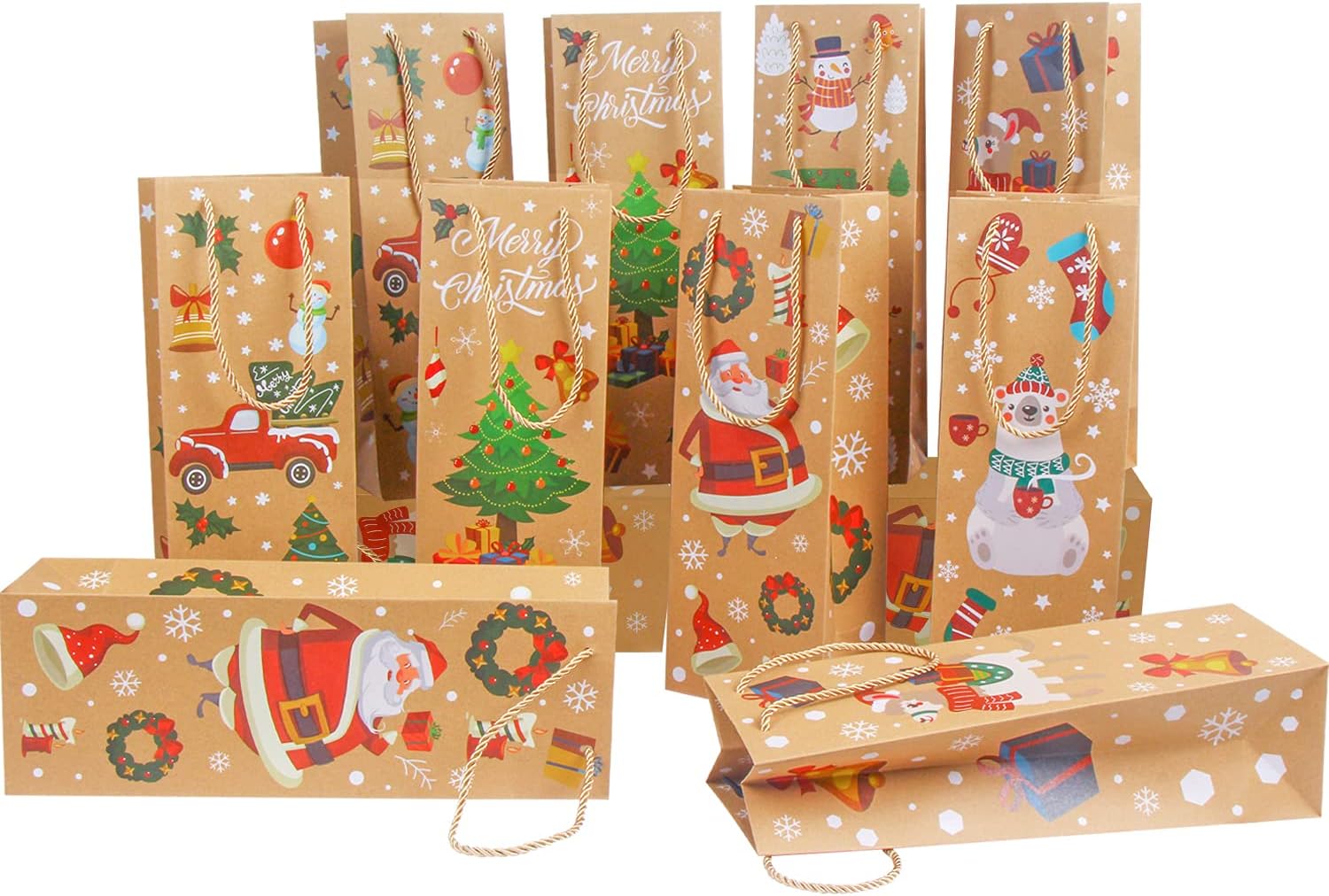 DERAYEE 12Pcs Christmas Wine Gift Bags With Handle, Holiday Kraft Bags for Bottles, Party Favors Covers - Image 5