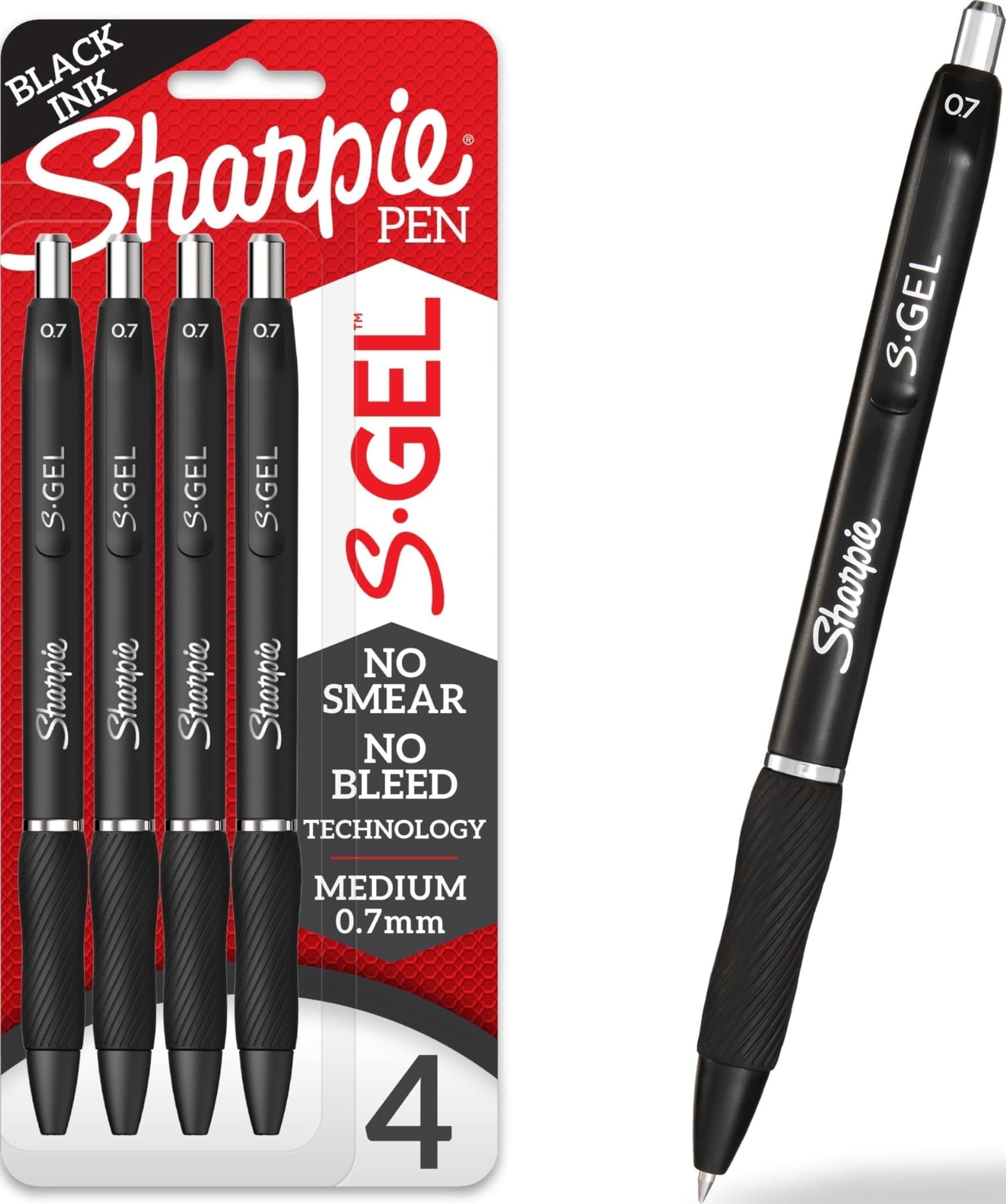 Sharpie S-Gel Pens, Medium Point (0.7mm), Black Ink, 4 Count - Ideal for Writing, Journaling, Drawing, Coloring, Note-Taking, College Supplies