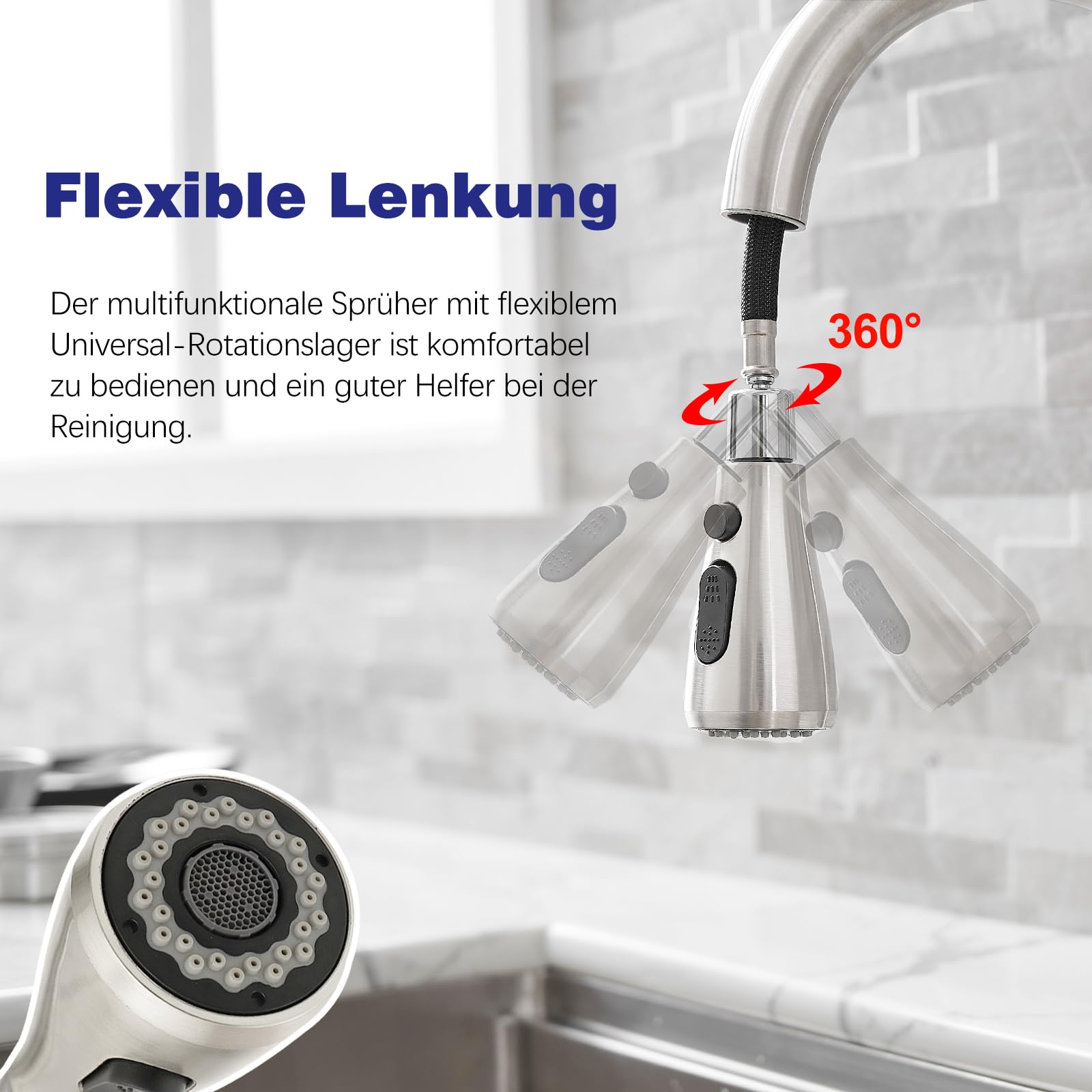 GENBONS Wasserhahn Küche, Edelstahl, Hochdruck Küchenarmatur mit Herausziehbarer Brause Ausziehbar Armatur, Mischbatterie Spültischarmatur, 360° Schwenkbar Zwei Sprühfunktionen