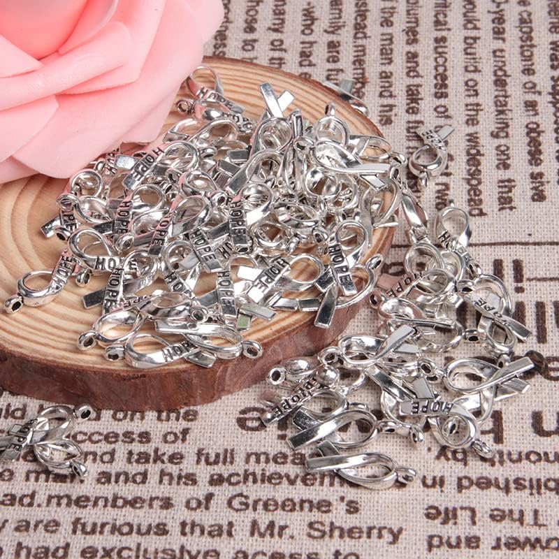 Wixine 200Pcs Hope Breast Cancer Ribbon Awareness Charms Hope Ribbon Pendants Antiqued Silver Tone 7 x 15 mm Making DIY Handmade Accessories Craft - Image 8