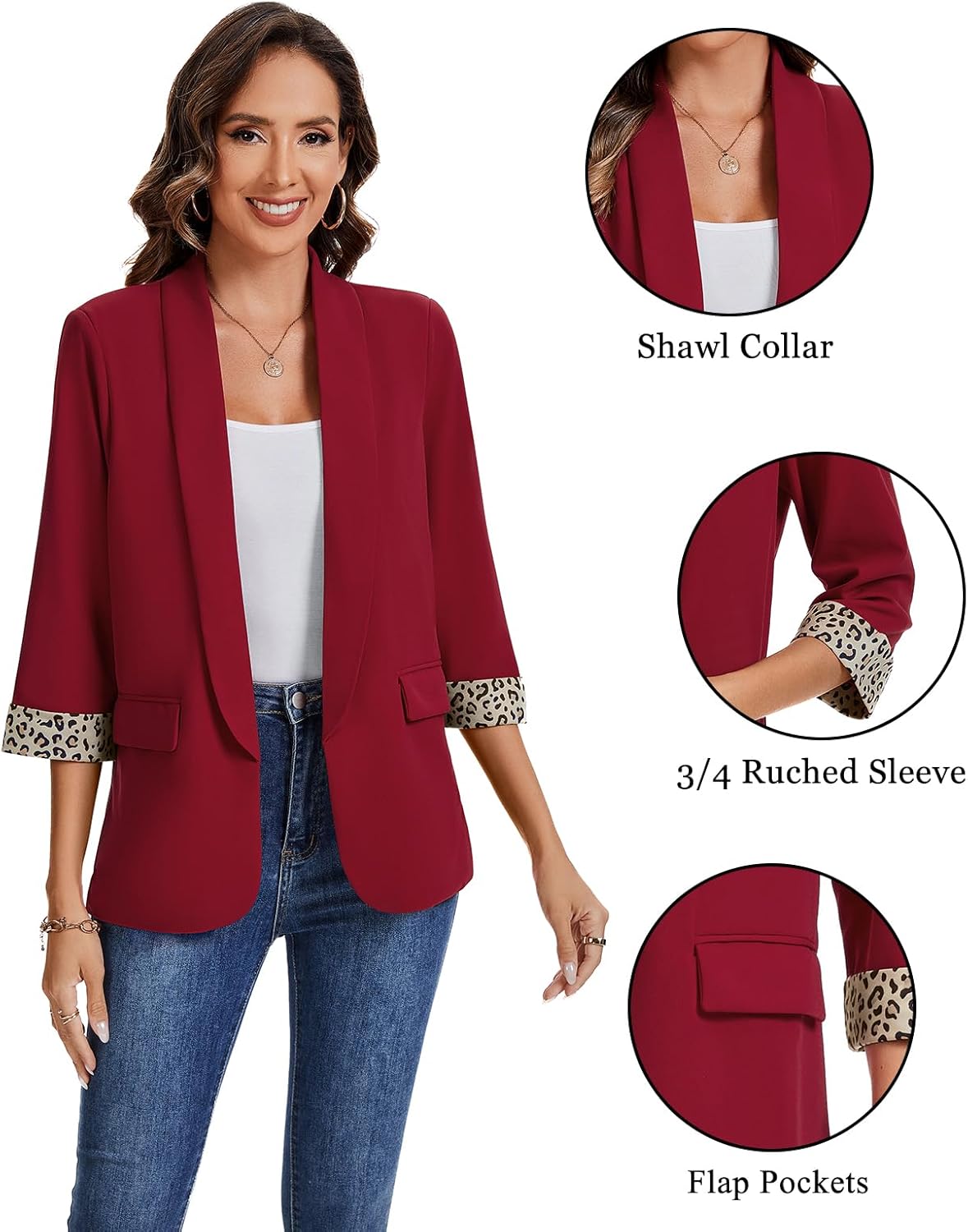 MINTLIMIT Women Casual 3/4 Sleeve Leopard Cuff Blazers Open Front Shoulder Pad Blazer Shawl Collar Office Jacket Pockets - Image 3