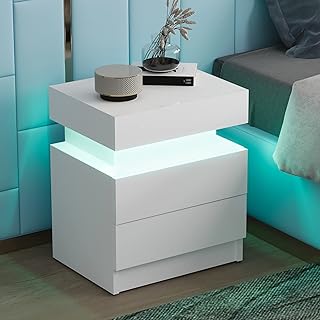 CHF DPT LED Nightstand with 2 Drawers, Small Modern Nightstand with LED Lights and Countertop Storage, High Glossy Bedroom Nightstand for Bedroom and Living Room (White)