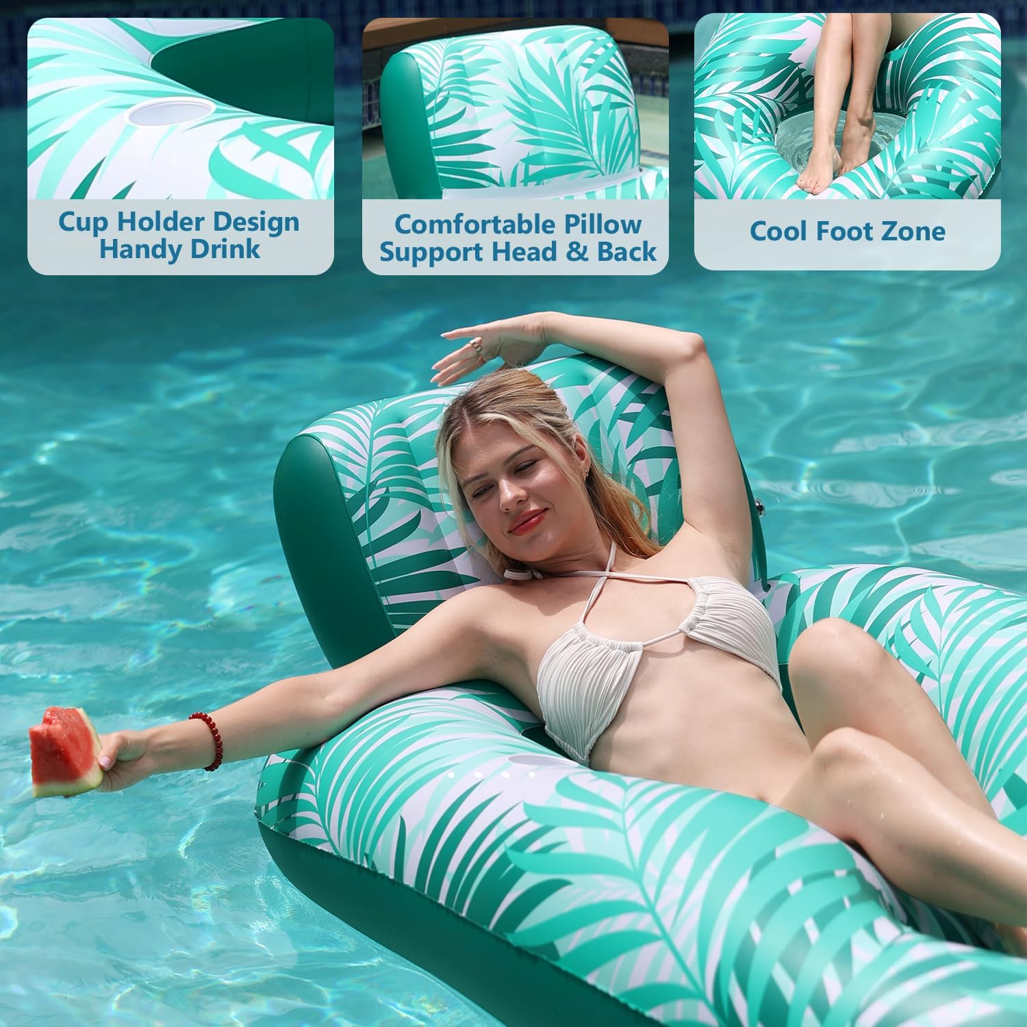 Inflatable Pool Floats Adult, Pool Lounger Float with 300LBS Weight Capacity, Pool Chair Float with Cup Holder, Headrest and Footrest for Swimming Pool, Lake, River Floating