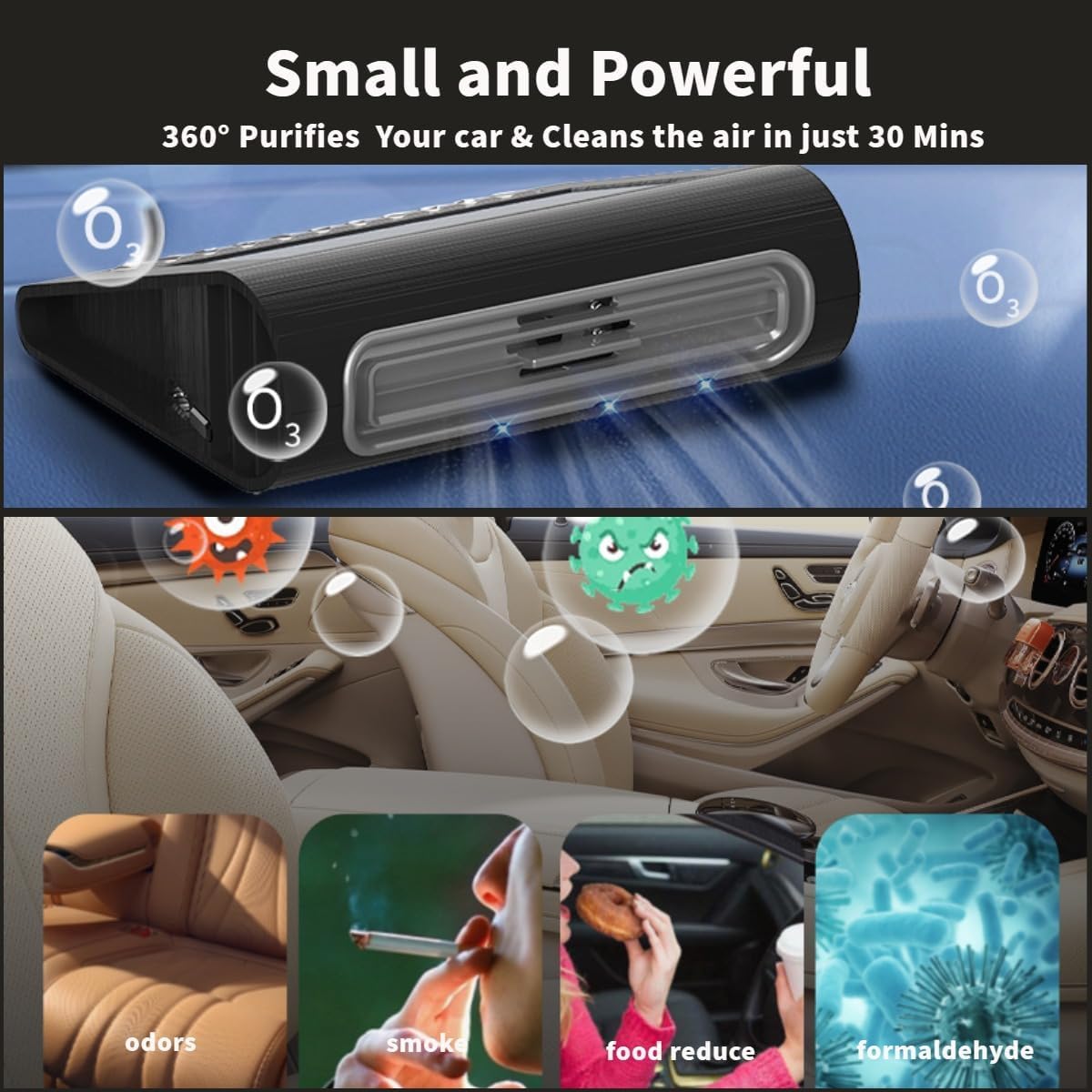 Solar Air Purifier for Car, 2-in-1 USB & Solar Charging, Ozone Ionizer Eliminates Smoke, Pet Odors, VOCs, Filter-Free, Portable for Home Office Travel