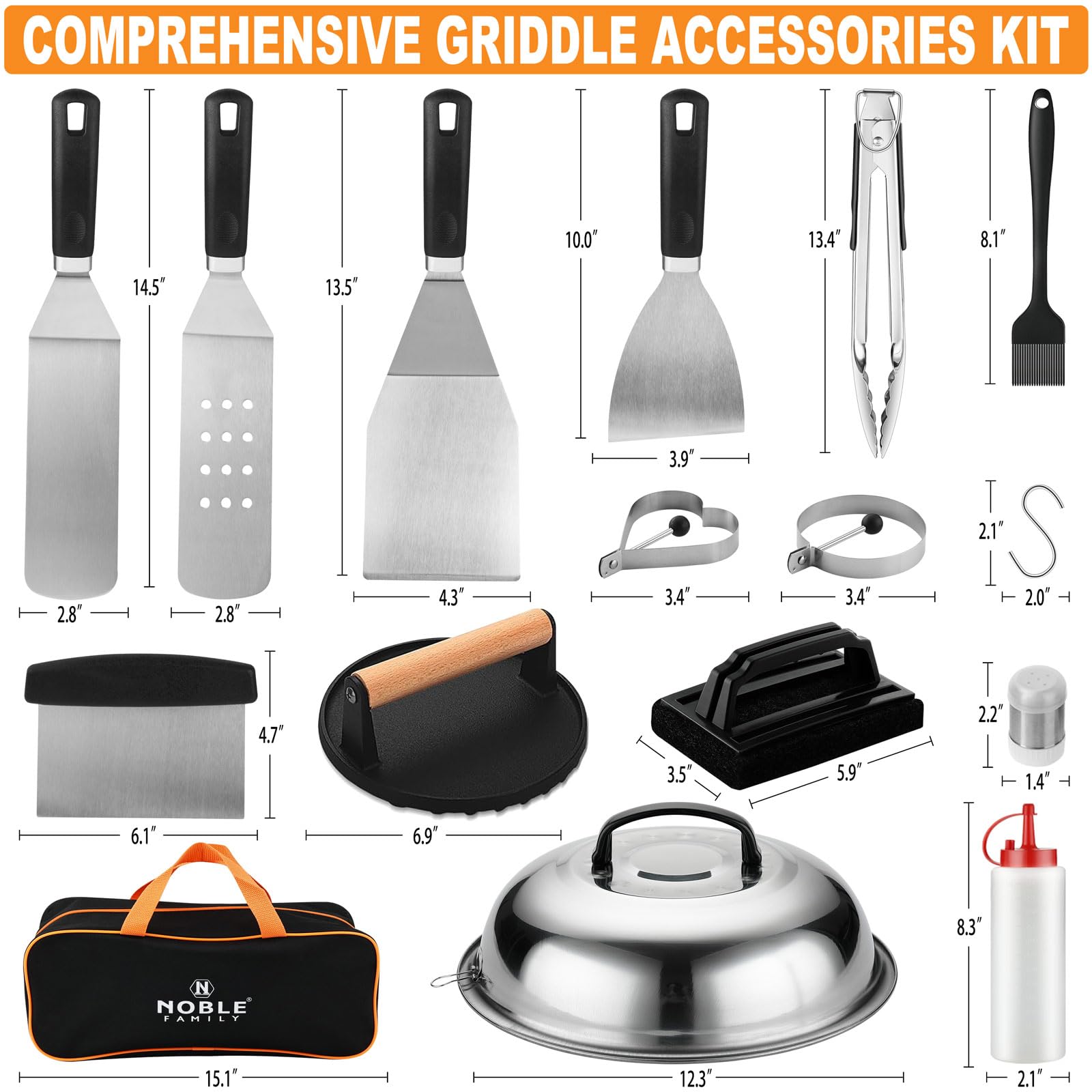 Kit de 27 accesorios para parrilla, juego de accesorios de parrilla plana para Blackstone y Camp Chef, juego de espátula profesional para parrilla con cúpula de fusión, prensa de 2