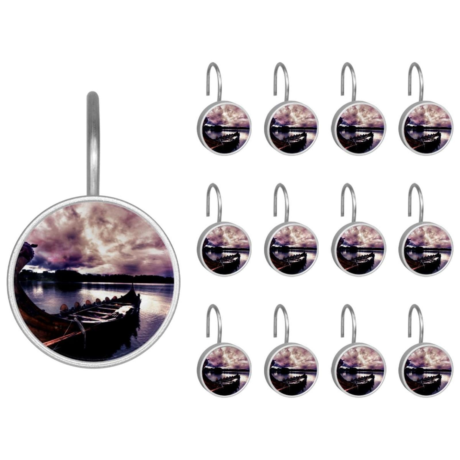 Crochets de rideau de douche lot de 12 anneaux en acier inoxydable motif bateau dragon
