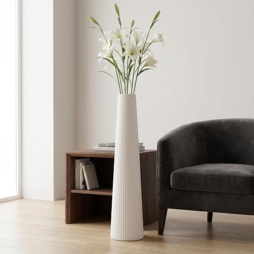 36''H Large Ceramic Floor Vase Modern Home Decor Off-White | ribbed minimalist nordic style for pampas grass statement piece entryway fireplace farmhouse salon office gifts