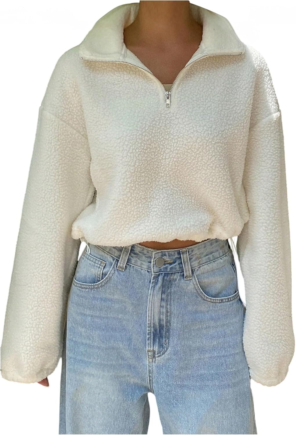 Women's Fleece Sweatshirt Half Zip Crop Tops Long Sleeve Drop Shoulder Pullover Tops