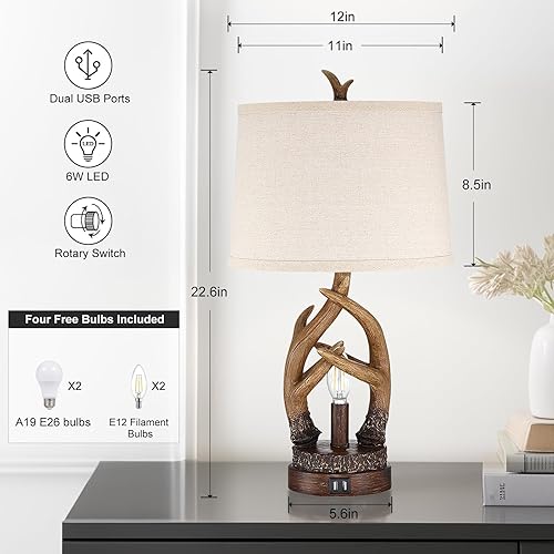 Miniatura 2 de Rustic Table Lamps Farmhouse Antler Lamps Set of 2 Western Bedside Lamps for Bedroom with USB Charging Ports Nightlight,Vintage Nightstand Table