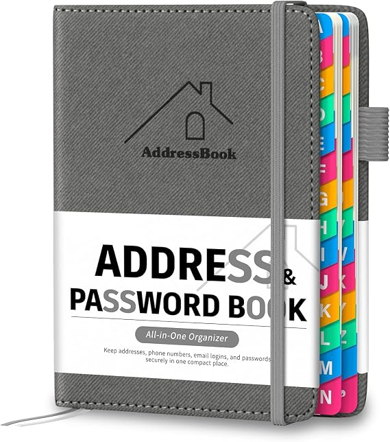 Address Book with Colorful Alphabetical Tabs, 4.7 X 6.2 Hardcover Address and Phone Number Book for Record Contacts, Telephone Address and Password Book Combo for Seniors (Grey)