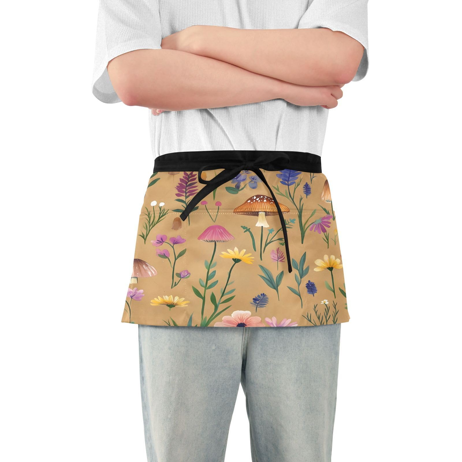 Kigai Mushroom Server Aprons for Men Women Water & Oil Resistant Waitress Waiter Waist Apron with 3 Pockets