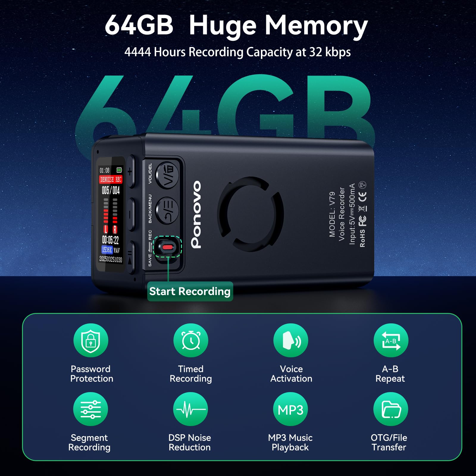 Registratore vocale magnetico da 64 GB 45 giorni Registrazione continua, Ponovo attivazione vocale registratore digitale con clip, 6000 mAh intelligente riduzione del rumore registratori portatili con