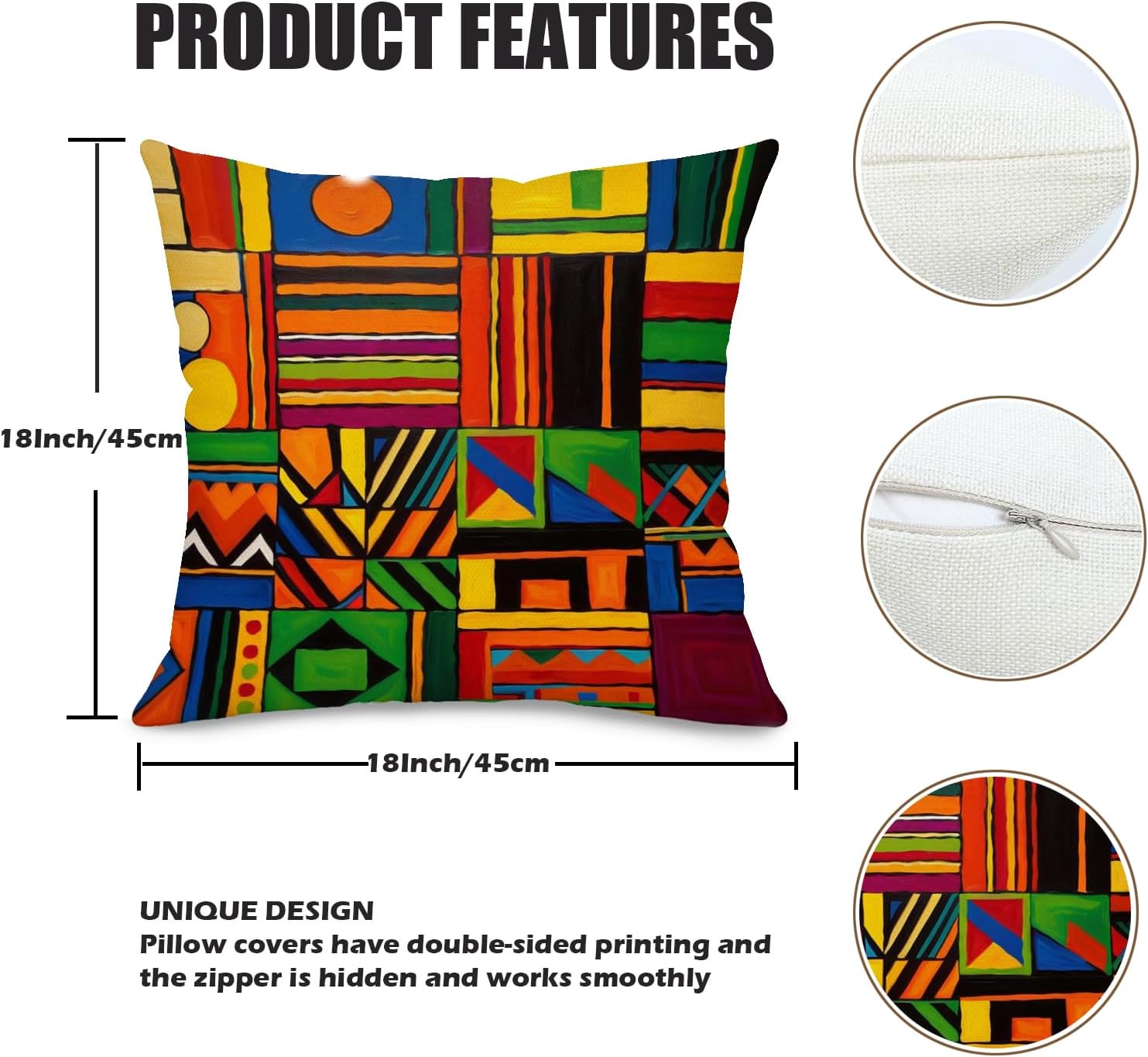 Colorful Geometric Throw Pillow Covers Set of 2 Double-Sided Linen Cushion Covers, 18x18 Inch, Boho Tribal Home Decor, Decorative Pillowcases for Sofa, Couch, Bedroom, Living Room