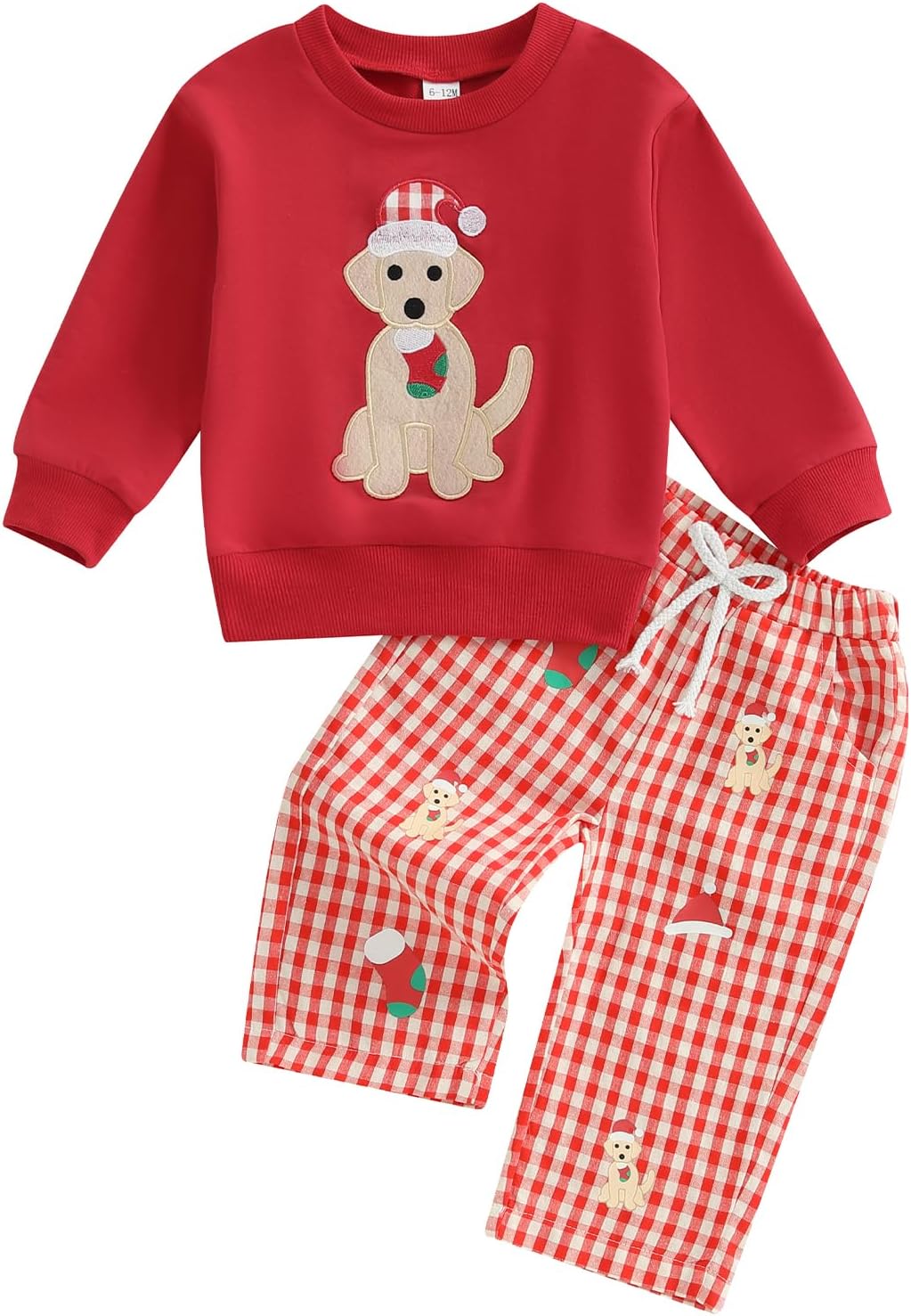 Toddler Baby Boys Christmas Dog Smocked Outfit Long Sleeve Embroidery Sweatshirt Gingham Pants Two Piece Clothes