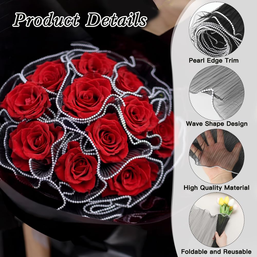 Flower Wrapping Mesh Paper, Black Bouquet Wrapping Paper with Pearl Edge Wrinkled Pearl Mesh Floral Packaging Florist Supplies for Mother's Day Graduation Wedding Birthday Father's Day, 4.37 Yard