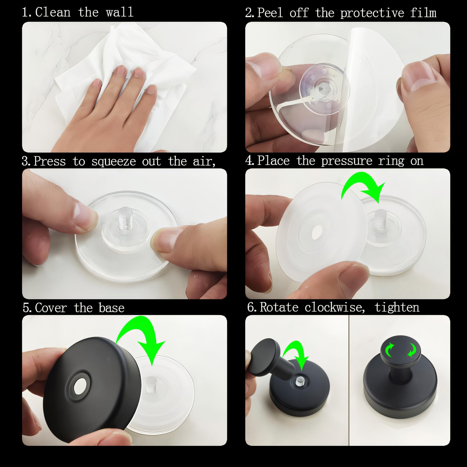 Ganci Senza forare - 2 ganci a ventosa in acciaio inox con ventose. Appendi accappatoio bagno, strofinacci cucina, ventose con gancio per bagno, cucina, ufficio (Nero)