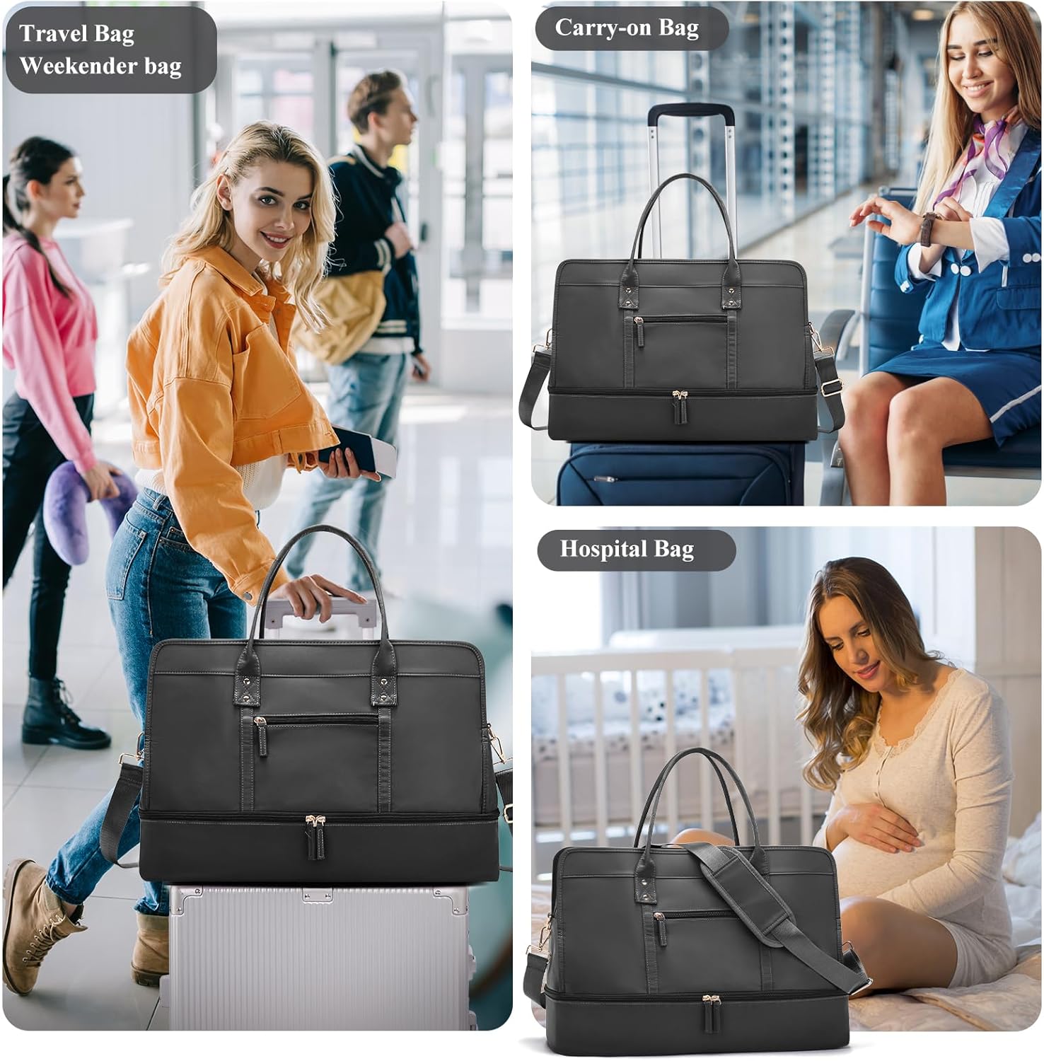 Weekender Bags for Women,Travel Duffel Bag Personal Item Bag with Shoes Compartment,Overnight Carry On Bag with Wet Pocket, Travel Bag 3Pcs Set