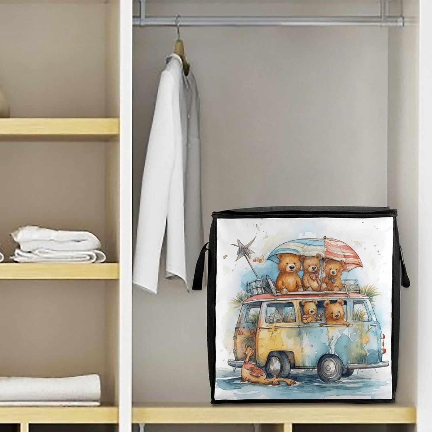 Portable Quilt Storage Bag,Truck And Bear Printed Foldable Wardrobe Storage Box Foldable Storage Bag with Lids And Handle Large Clothing Storage Bag for Comforters Clothes Blankets Pillows