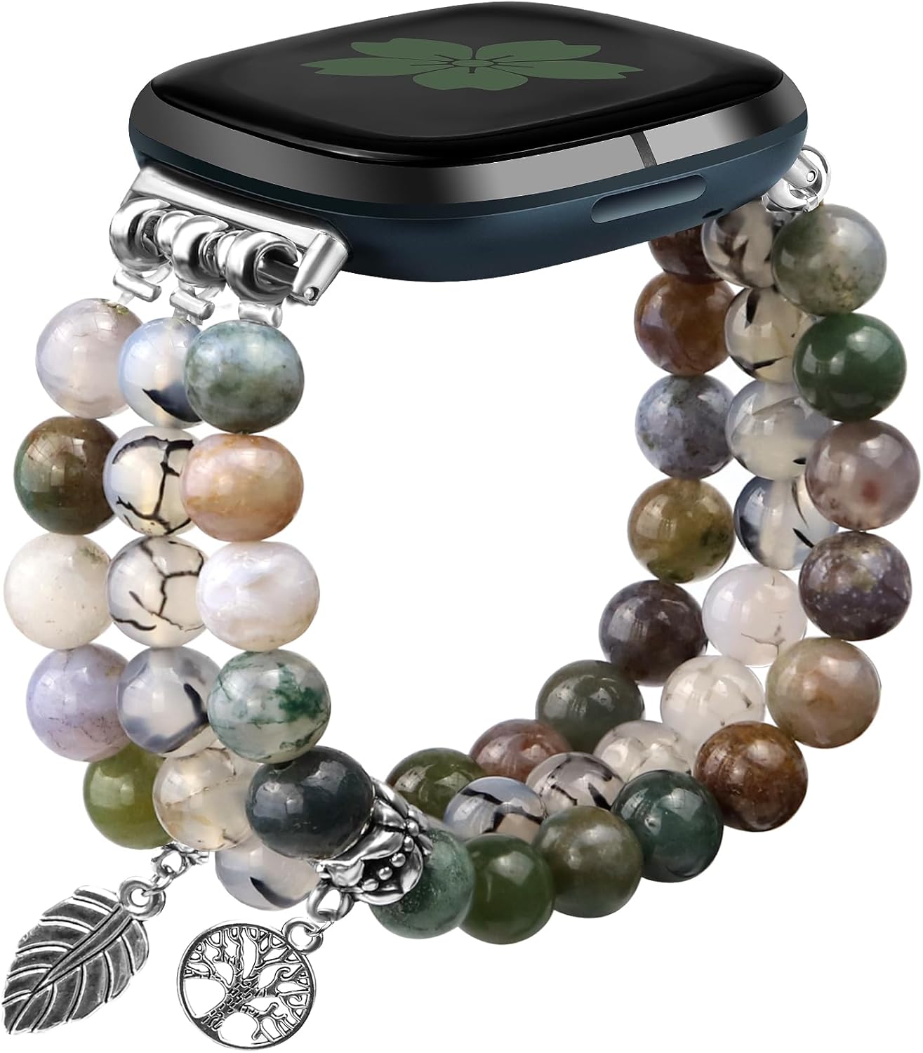 Natural Stone Beaded Bracelet Watch Band Women for Fitbit Versa 4/Versa 3/Sense 2/Sense Bands Feminine Cute Handmade Boho Elastic Stretch Strap Replacement Agate Healing Stones Wristband A1 Rhyolite jasper