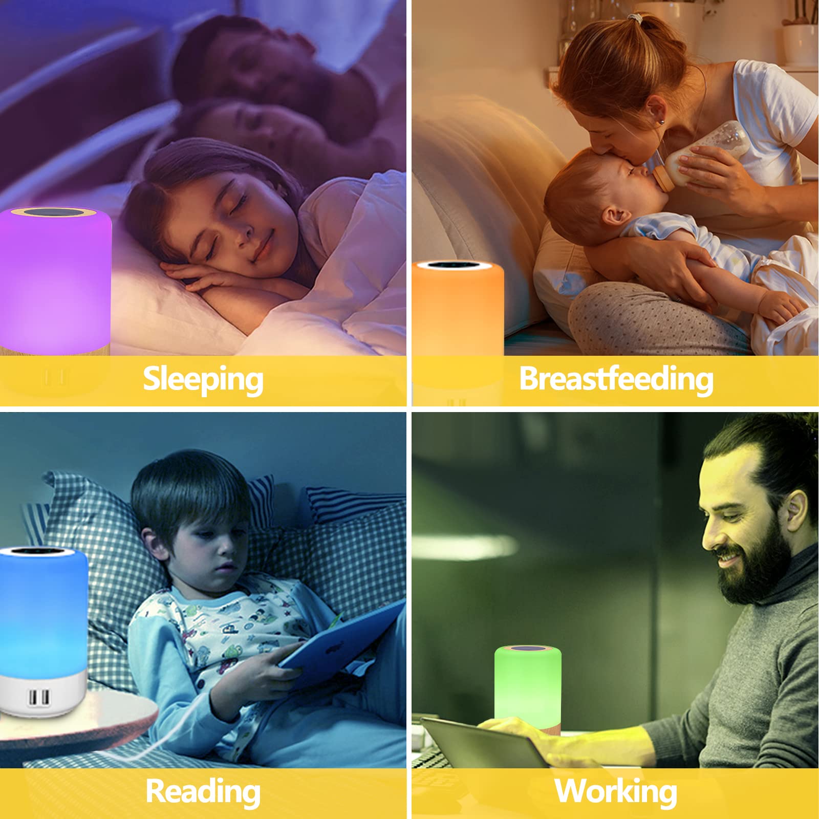 Nachttischlampe Touch Dimmbar mit 4 USB Ladeanschluss & 8 Farb, 6W LED Tischlampe Rgb Farbwechsel mit Timing Funktion, LED Nachtlicht für Schlafzimmer Wohnzimmer Büro, Kinder (2 Stück)