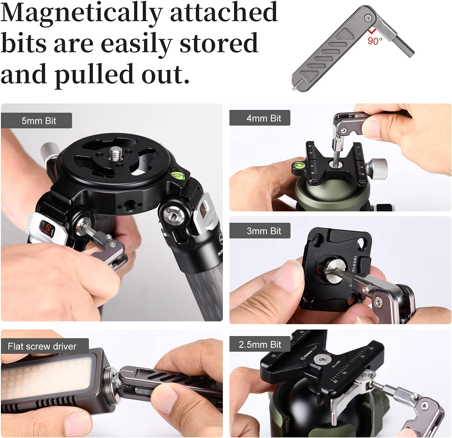 A collage of images showing the SUNWAYFOTO DW-02 tool being used to tighten screws on various photography equipment, including a tripod, ball head, and camera plate.