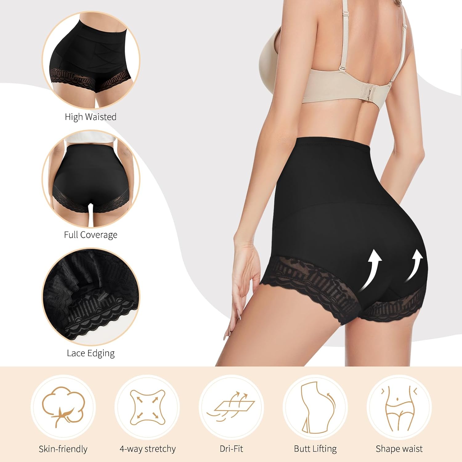 Womens Tummy Control Underwear, High Waisted Stretch Boyshorts Patchwork Lace Boxer Panty Breathable Soft Panties - Image 2