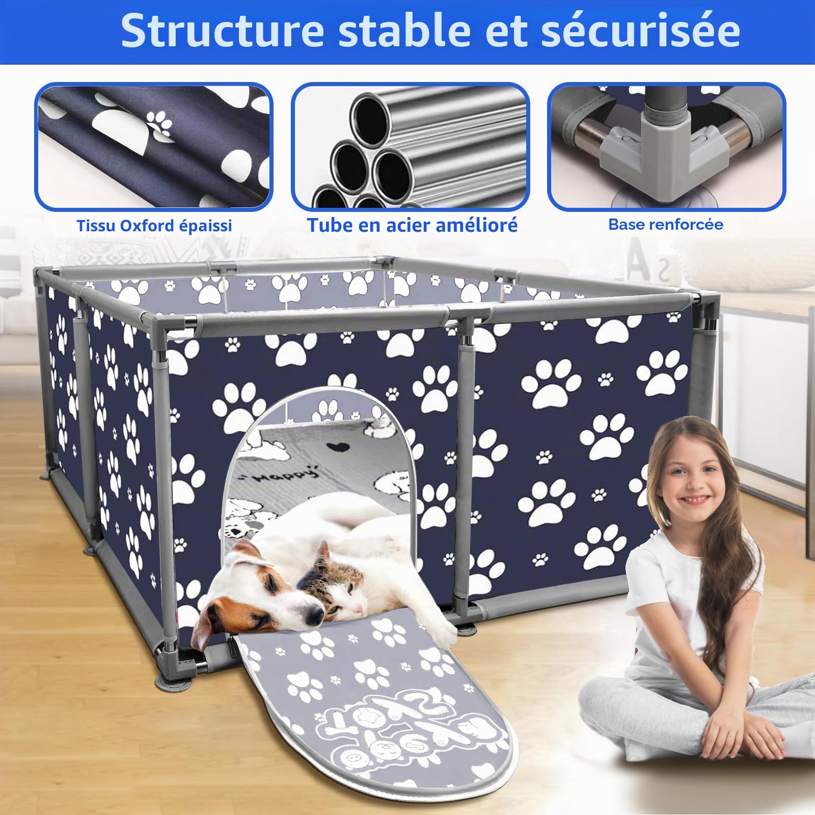 Parc Carré pour Animaux en Acier Inoxydable et Toile Oxford avec Tapis Imperméable Enclos pour Grand Chien Chats Petits Animaux Bleu Sombre