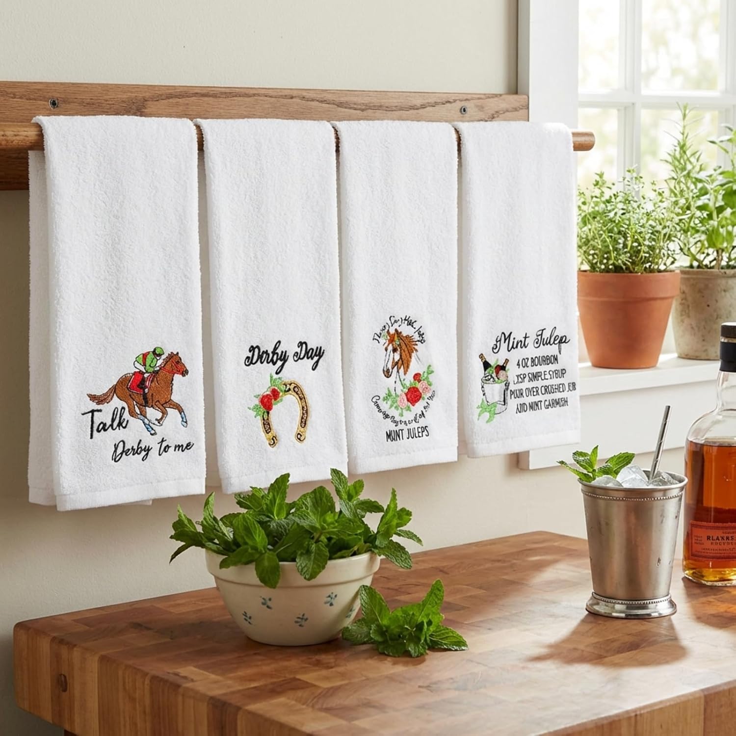 Peryiter 4 Pcs Derby Horse Racing Kitchen Towels Cotton Embroidered with Derby Day & Mint Juleps, Horseshoe and Roses Design, Soft Absorbent Tea Towels for Horse Racing Party Decor, 13 x 28 Inch