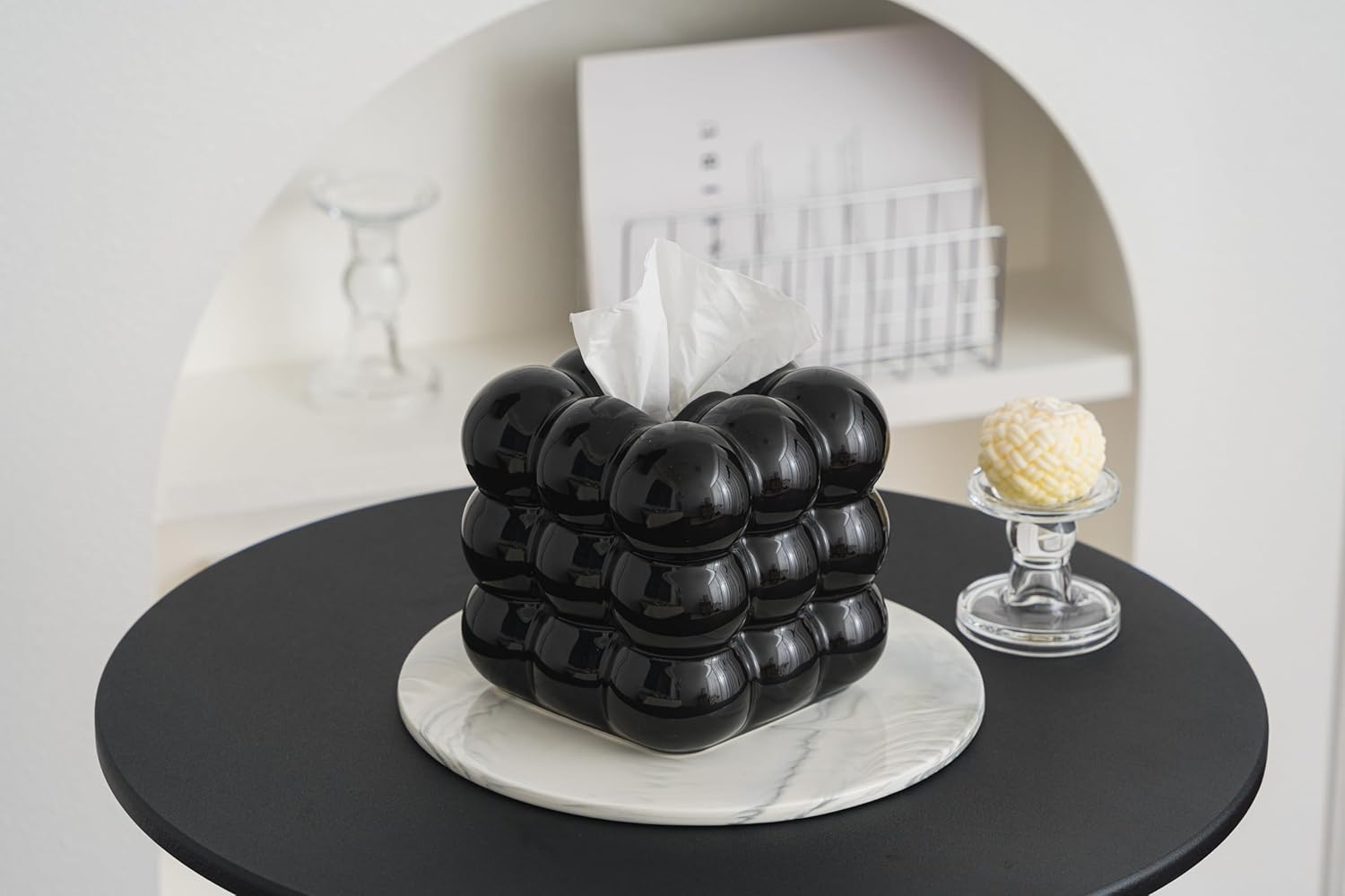 Ukwell Ceramic Tissue Box Cover Heavy Square Facial Tissue Holder Glossy Black Bubble Design Modern Decor Piece for Bathroom Bedroom Living Room