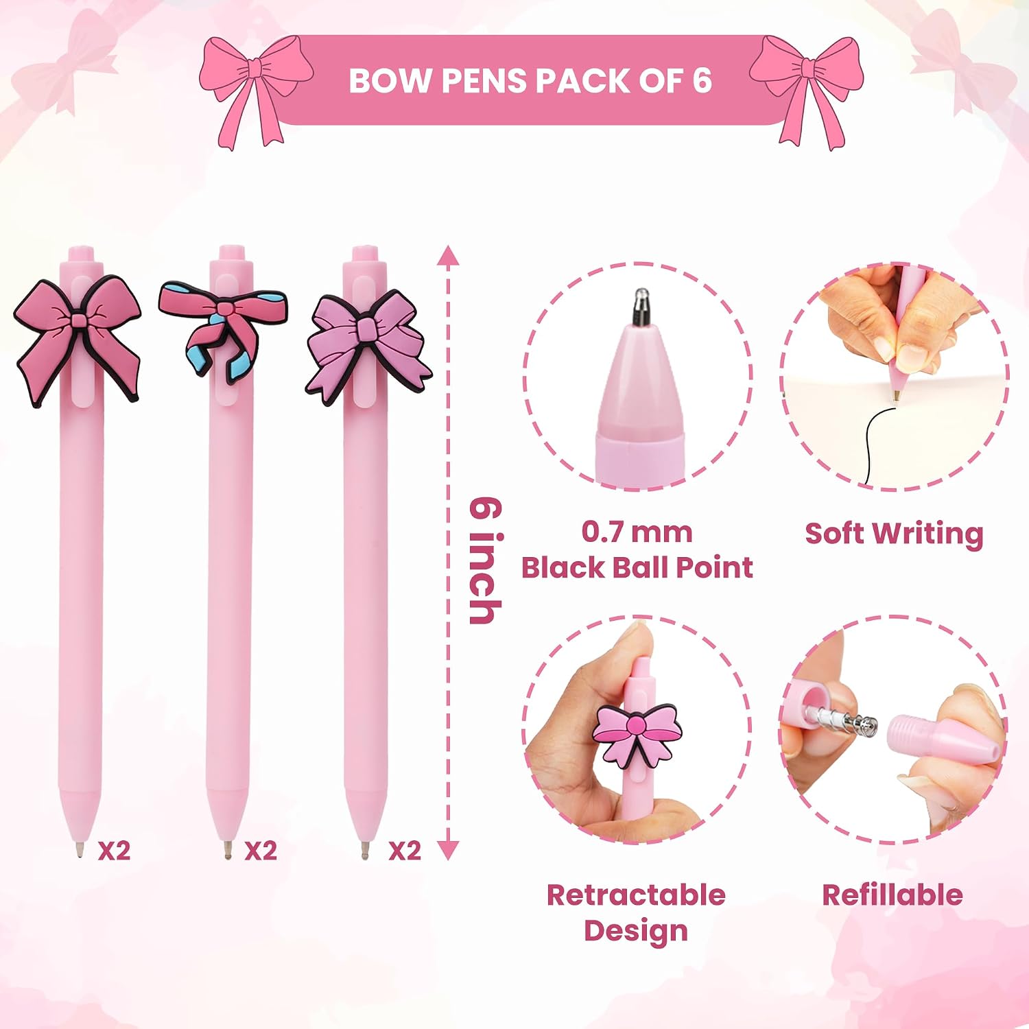 KatchOn, 6Pcs Bow Pens Coquette Pink Retractable Writing Pen Bulk Birthday Bow Party Favor for Baby Shower Bridal Shower Spring Wedding Tea Party Office School Back To School Supplies