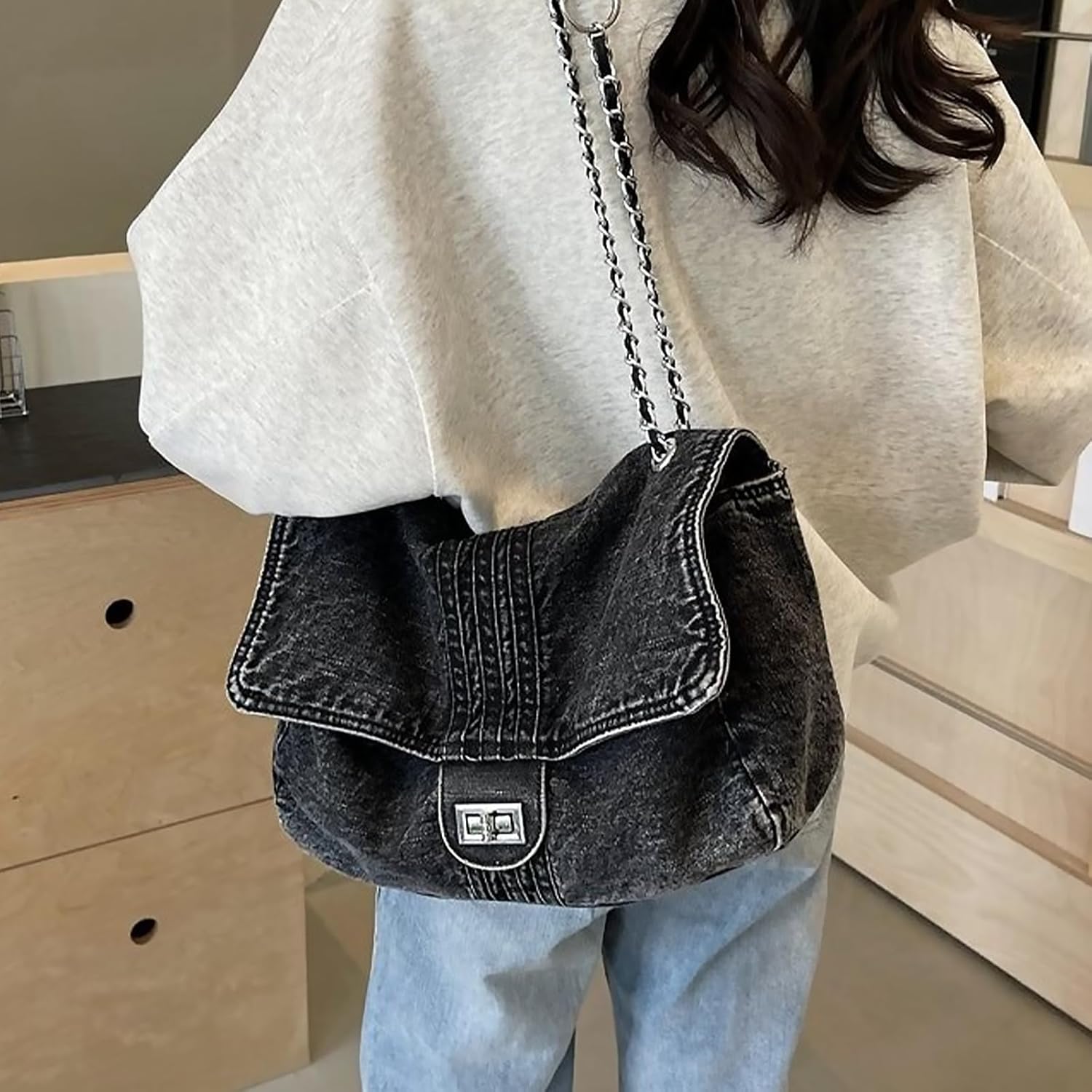 Denim Purse for Women Trendy Jean Purses Large Denim Tote Bag Fashion Crossbody Bags with chain - Image 2