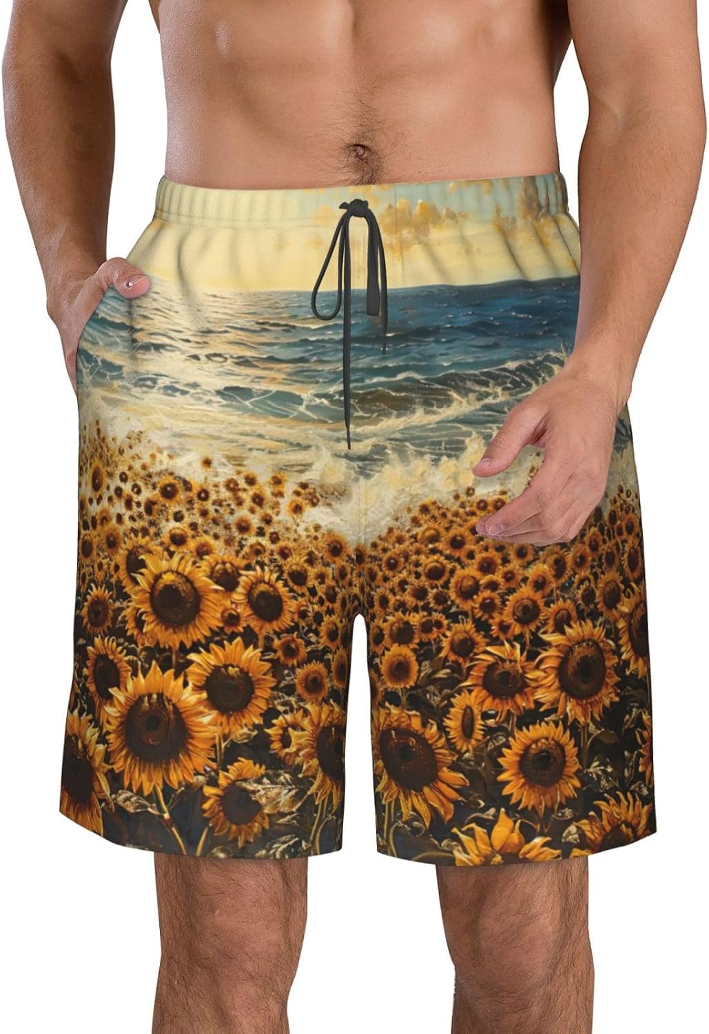 Sunflowers sea Print Men's Quick-Drying Shorts Casual Beach Pants Stretch Waist Shorts and Pockets