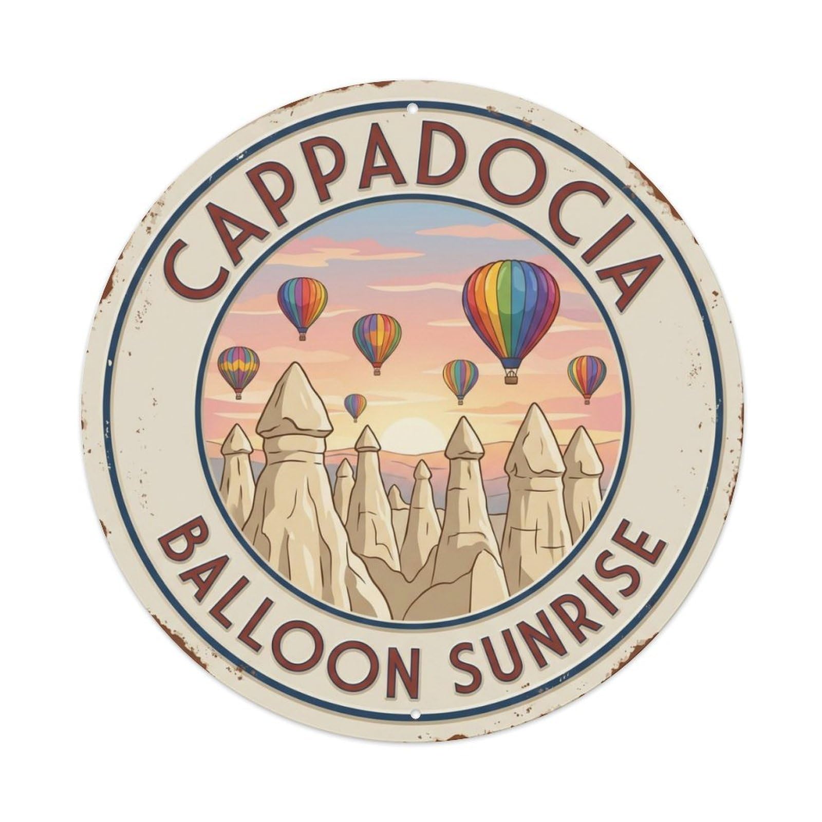 Cappadocia Balloon Sunrise Turkey Landscape Metal Tin Sign Plaque Wall Decor for Cafe, Club Bar, Office, Home Garden Round Metal Poster 8x8Inch