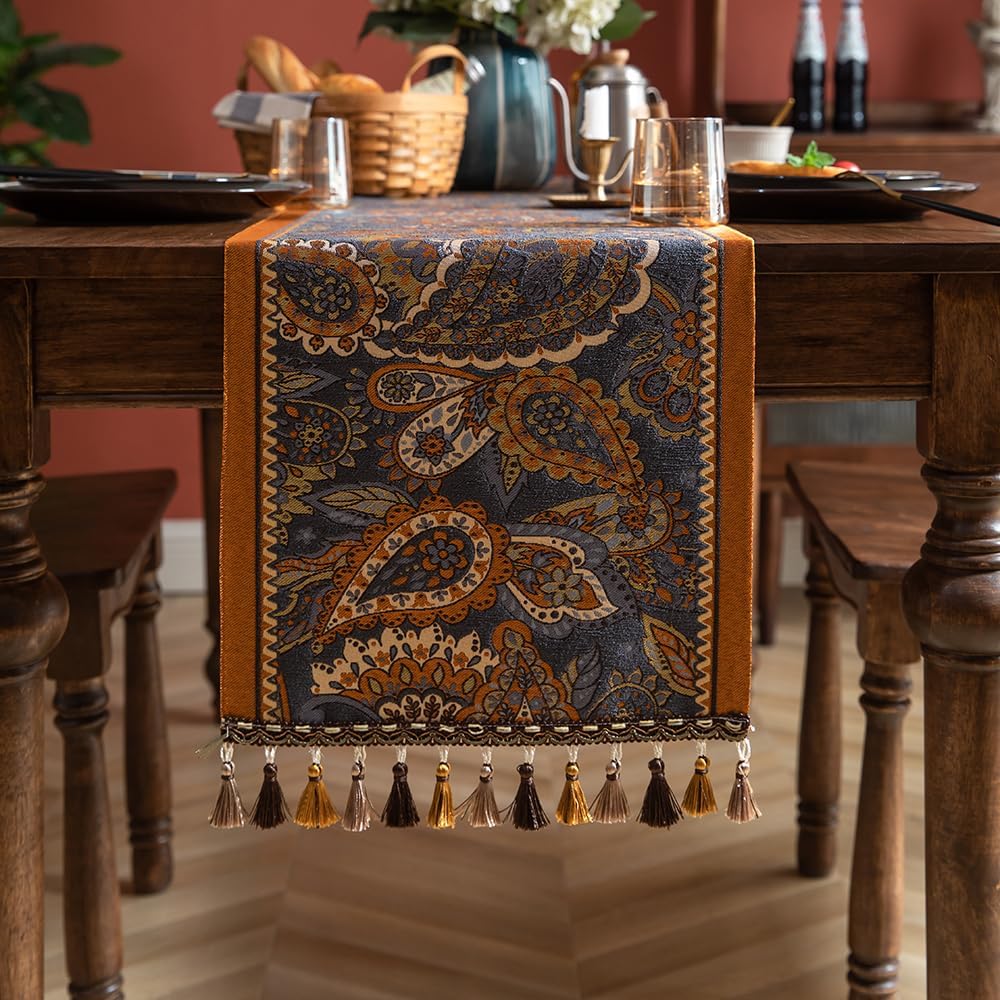 Vintage Floral Jacquard Table Runner with Multi-Color Tassels French Country Farmhouse Spring Table Runners Yellow for Living Room Dining Kitchen Coffee Tables Decoration