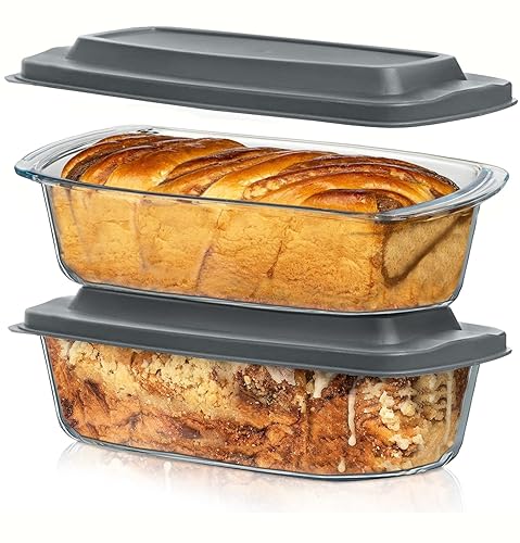 Razab LARGE 7.6 Cups/1800 ML/1.9 Qt Glass Loaf Pan with Lids (Set of 2) - Meatloaf Pan BPA free Airtight Lids Grip Handle Easy Carry, Microwave and Oven Safe - Loaf Pans For Baking Bread, Cakes - Set of 02
