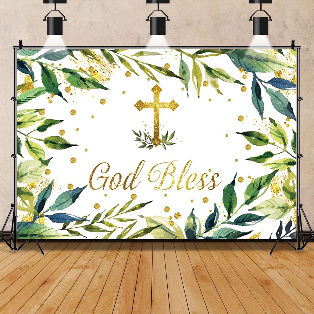6x4ft God Bless Backdrop First Holy Communion Baptism Photography Background Gold Dots Green Gold Eucalyptus Newborn Baby Shower Christening Party