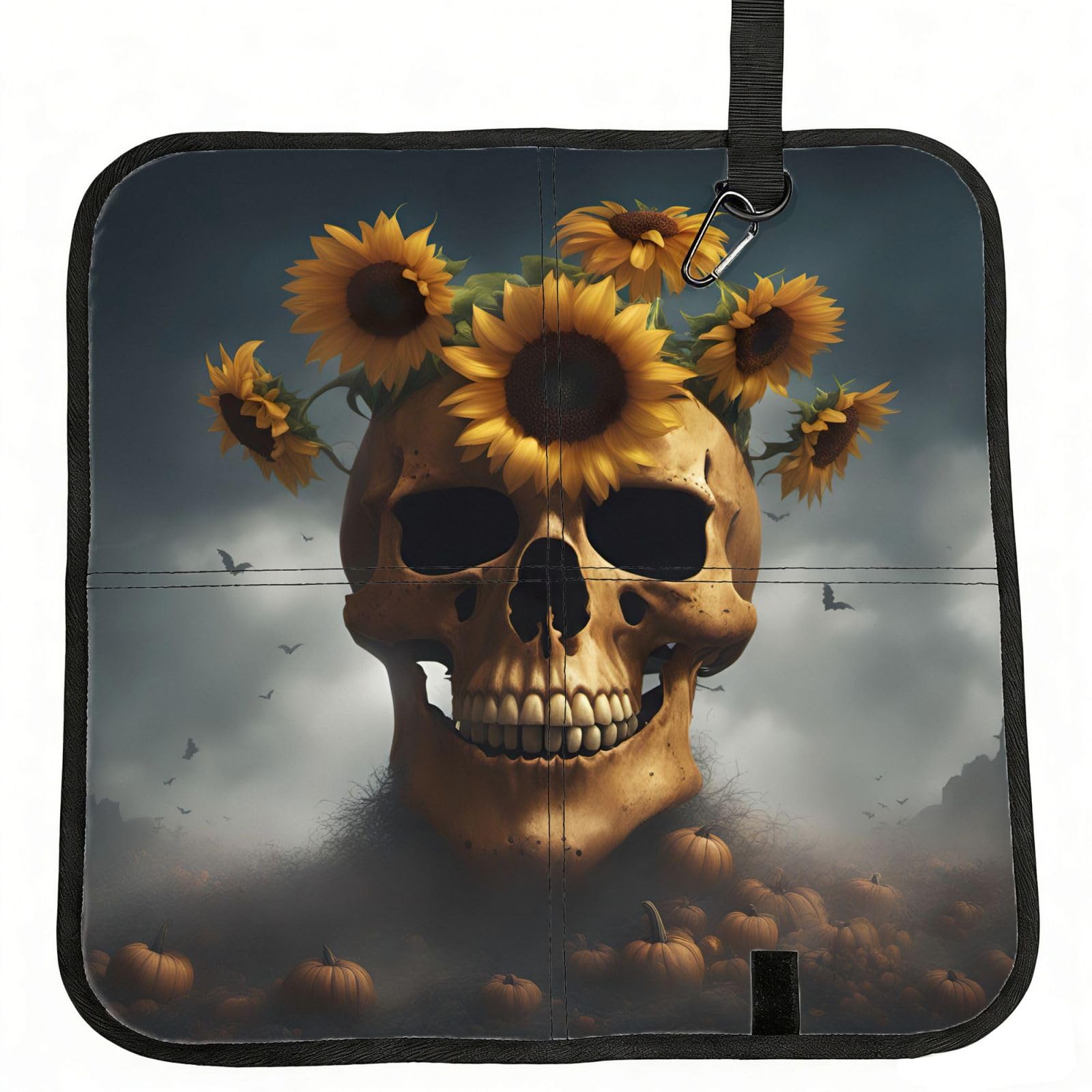 eeprty Sunflower Halloween Skull Printed Portable Seat Cushion Strap, Foldable Pad for Stadium Bleachers Hiking Travel