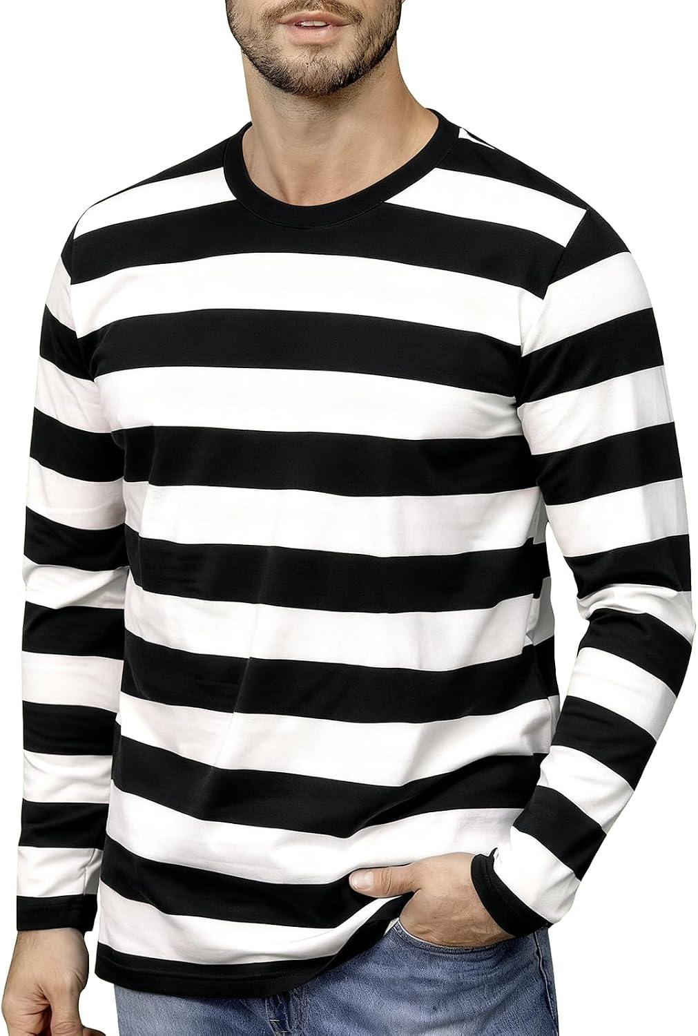 Funny World Men's Striped T-Shirt Crewneck Long Sleeves Basic Casual Top