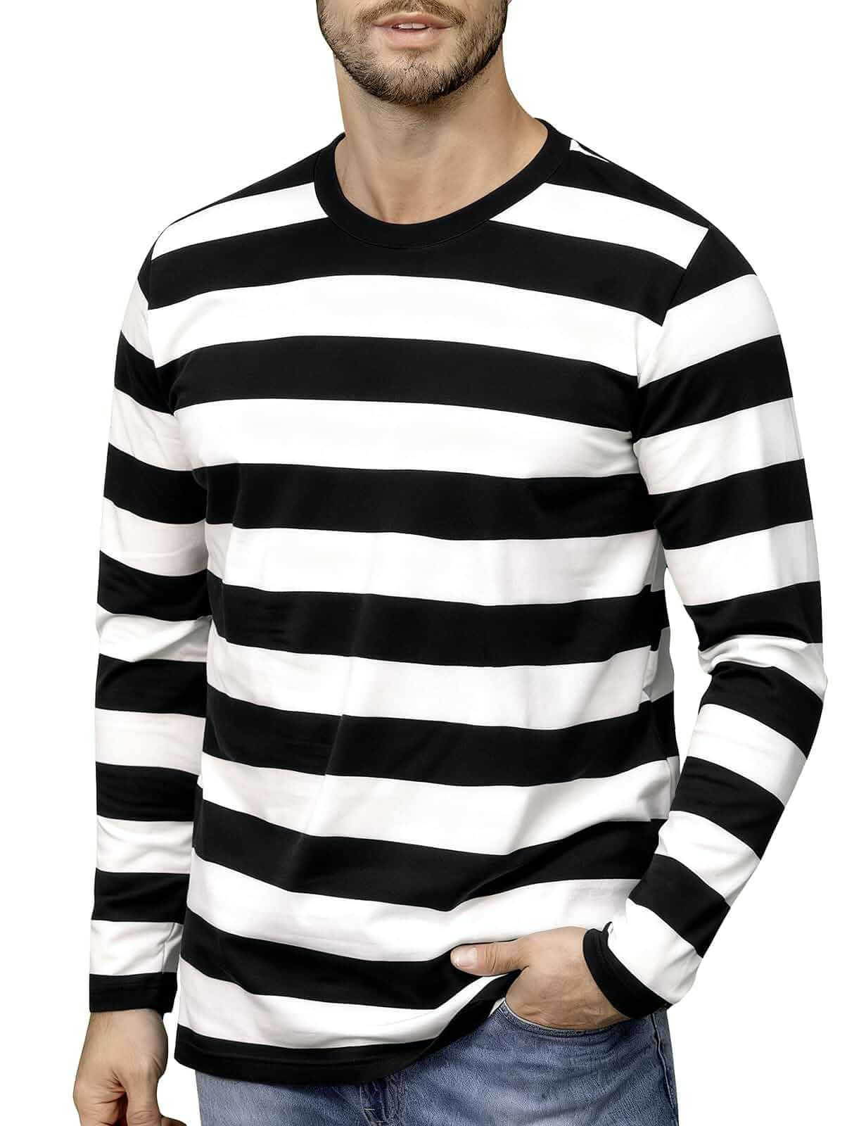 Funny World Men's Striped T-Shirt Crewneck Long Sleeves Basic Casual Top Long Sleeve