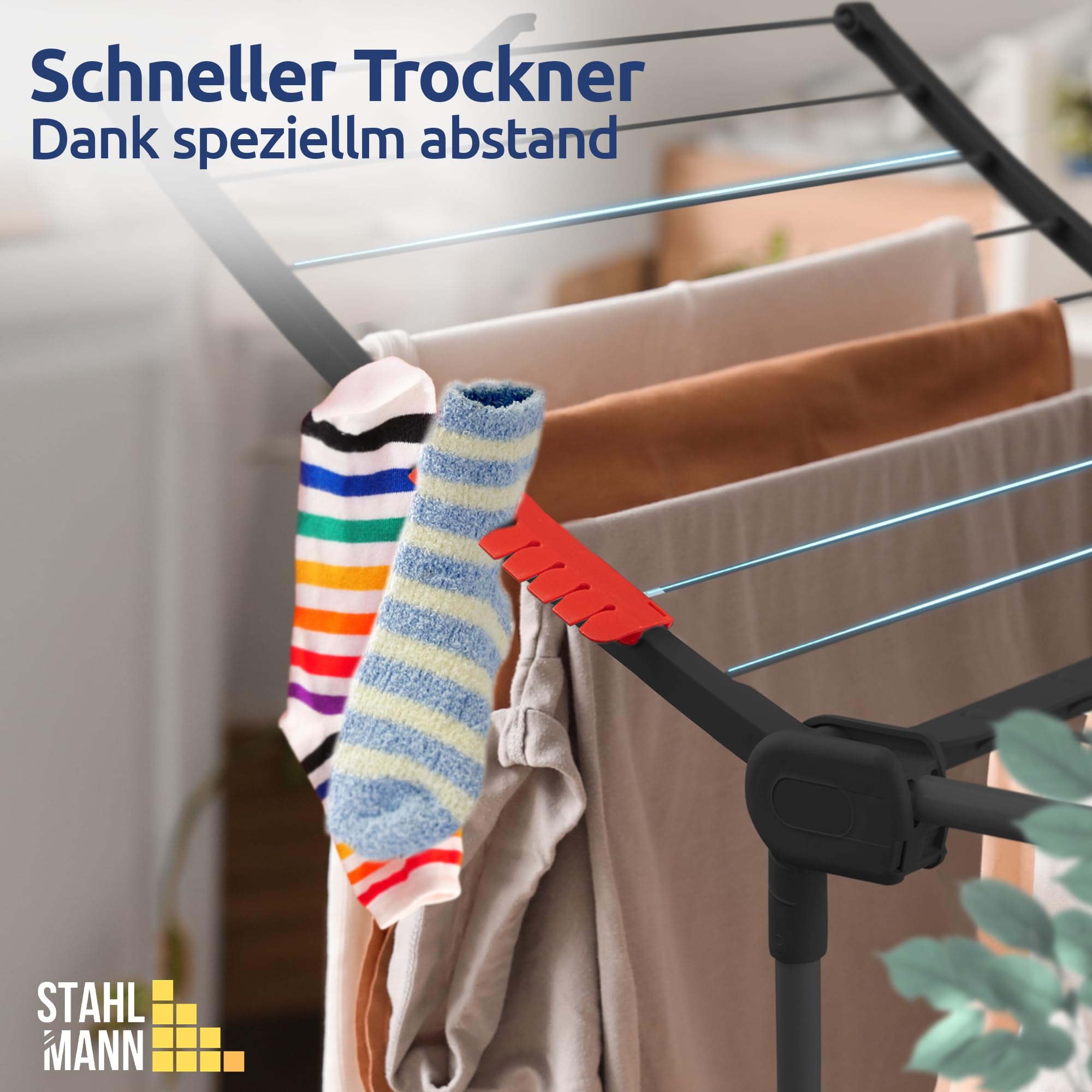 STAHLMANN ® Wäscheständer Schwarz [18M Trockenfläche ] - Flügelwäscheständer [Made IN EU] 1,05 M Flügel ideal für Lange Kleidungsstücke - Wäscheständer platzsparend