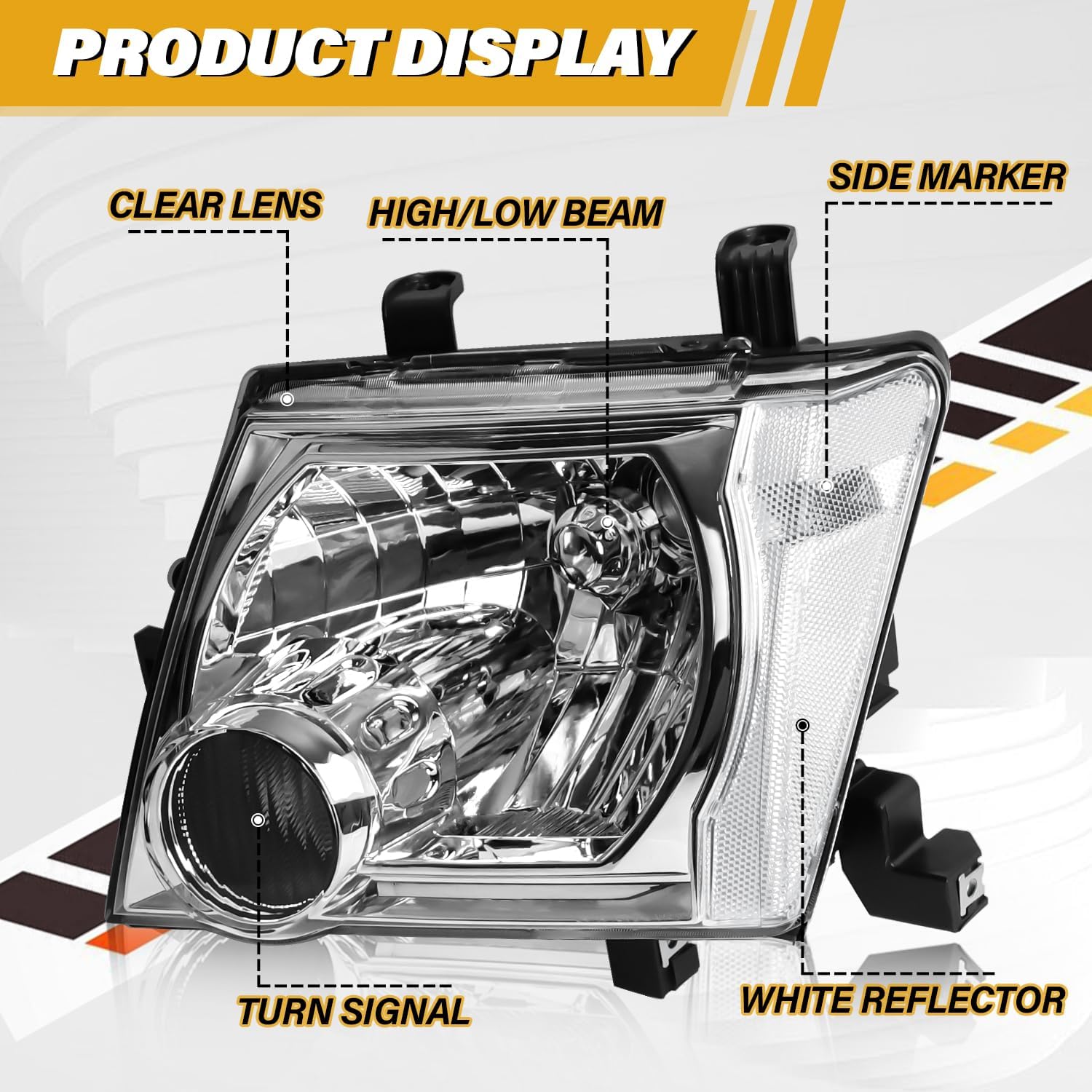 Headlight Assembly Pair Compatible with Nissan Xterra 2005-2015, Factory-OE-Style Halogen Headlamp Replacements for 26010-EA025 26060-EA025, w/o Bulb, Chrome Housing Clear Lens White Corner