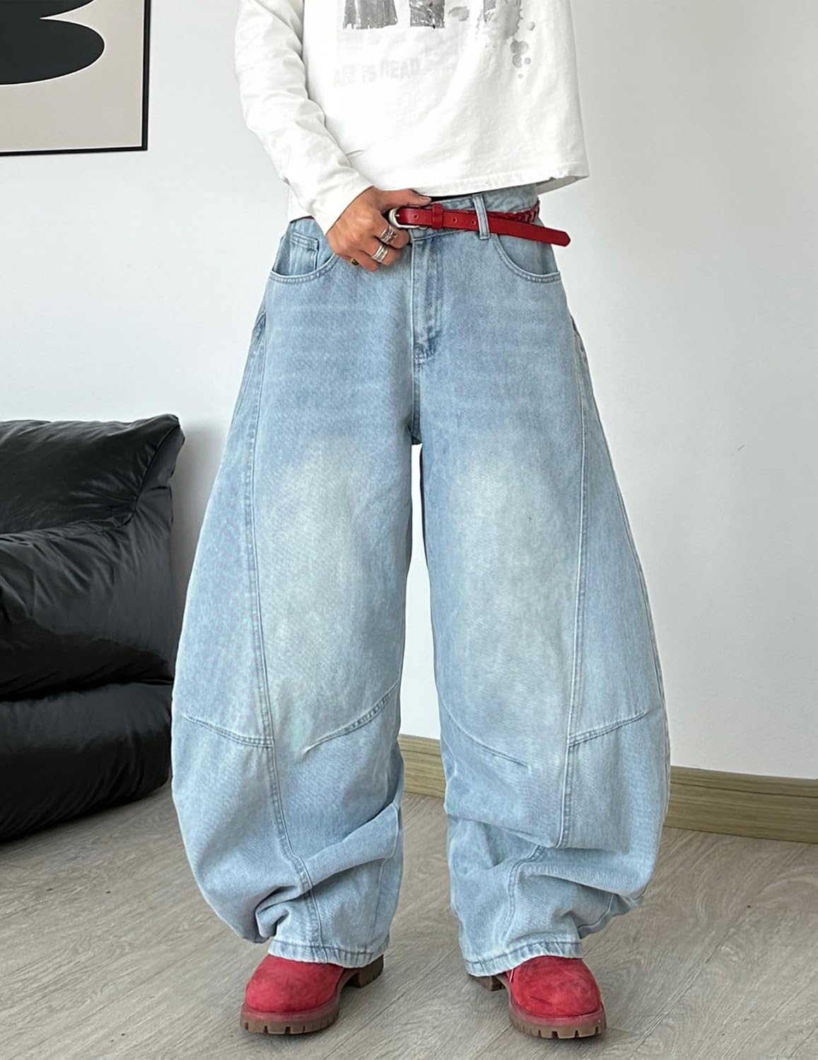 Mens Baggy Jeans Mid Waist Y2k Hip Hop Denim Pants Irregular Sutures Casual Wide Leg Long Trousers