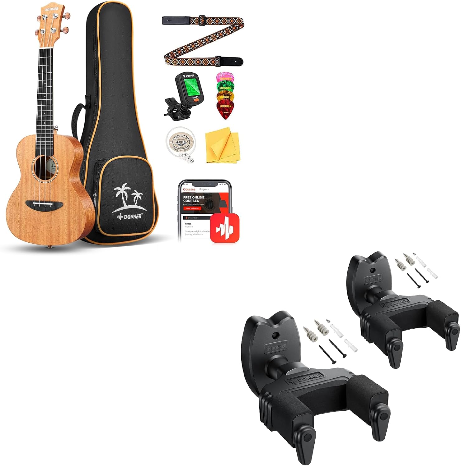 Donner Concert Ukulele Mahogany 23 Inch Bundle with Guitar